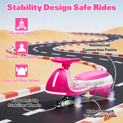 12V Electric Wiggle Car for Kids, Toddlers Ride on Toys with Pedal, Display, Flashing PU Wheels, LED Light, Bluetooth Music, Max Speed 5 MPH, Kids Ride on Cars for Boys Girls 3+, Rose Red