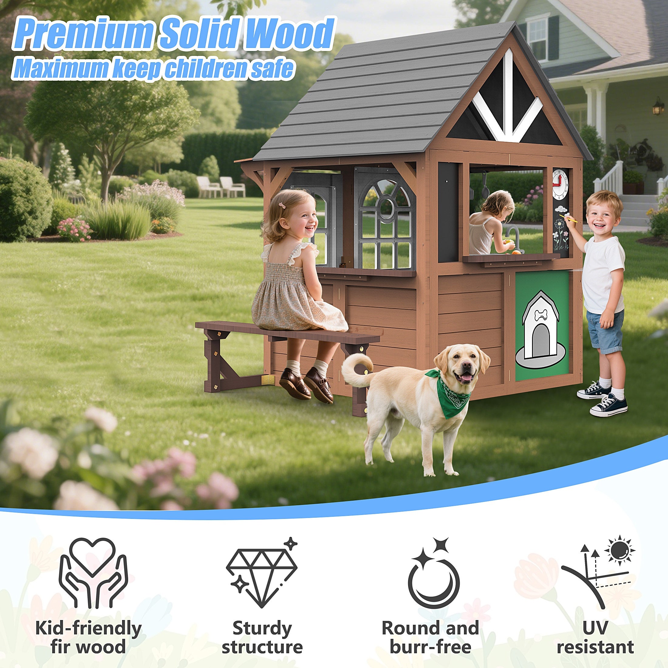 iYofe Outdoor Playhouse for Kids 3+, Wood Kids Playhouse with Full Door, Toy Phone, Bench, Planter Pots, Window, Toddler Playhouse Kids Outdoor Playset Equipment for Interactive Play