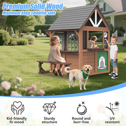 iYofe Outdoor Playhouse for Kids 3+, Wood Kids Playhouse with Full Door, Toy Phone, Bench, Planter Pots, Window, Toddler Playhouse Kids Outdoor Playset Equipment for Interactive Play
