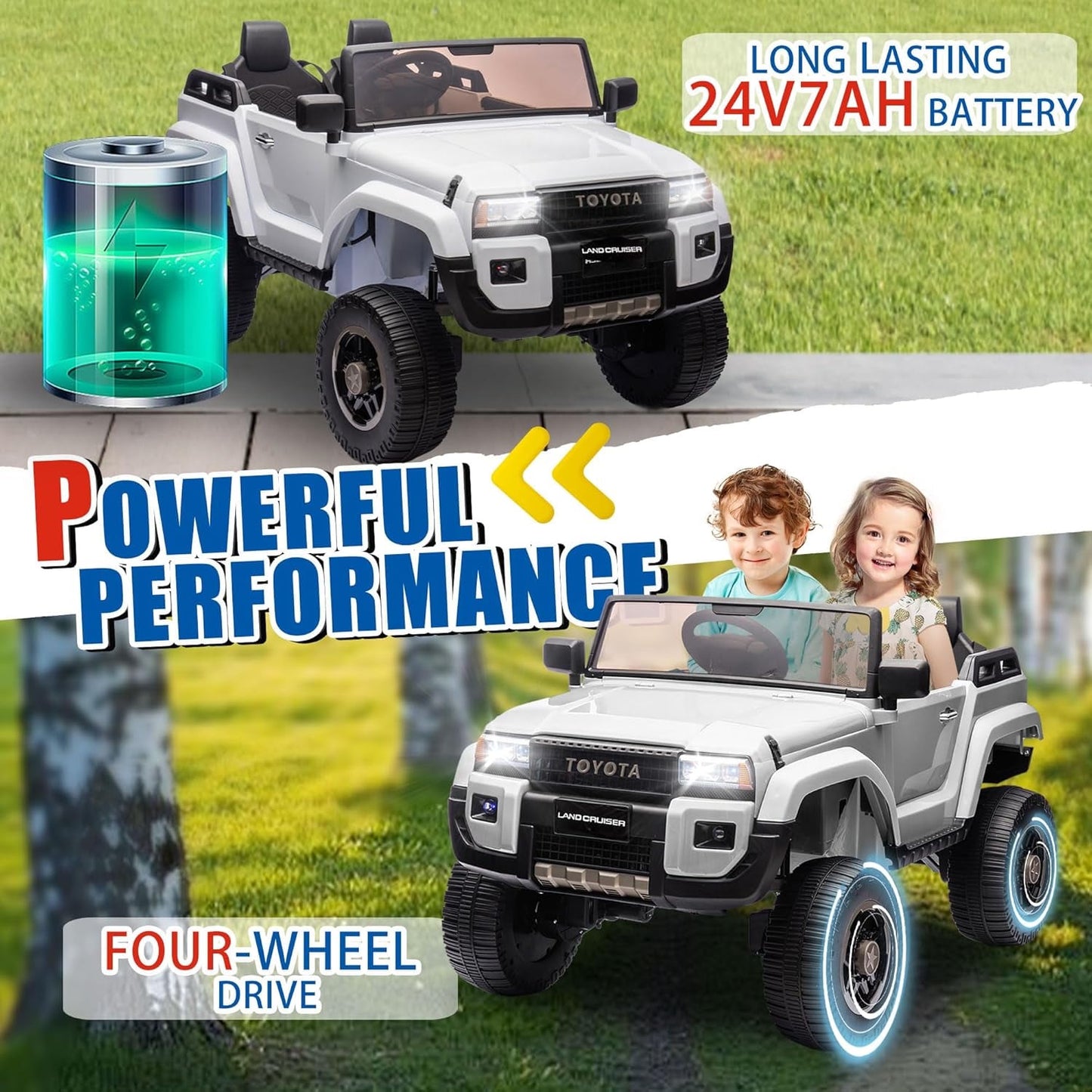 24V 2 Seater Ride on Cars, Licensed Toyota LC250 Powered Ride on Toy Truck with Remote Control, Kids Cars Electric Vehicles for Kids 3-8 Gifts with Bluetooth/Music/USB Ports/Shovel, 4 Wheelers, White