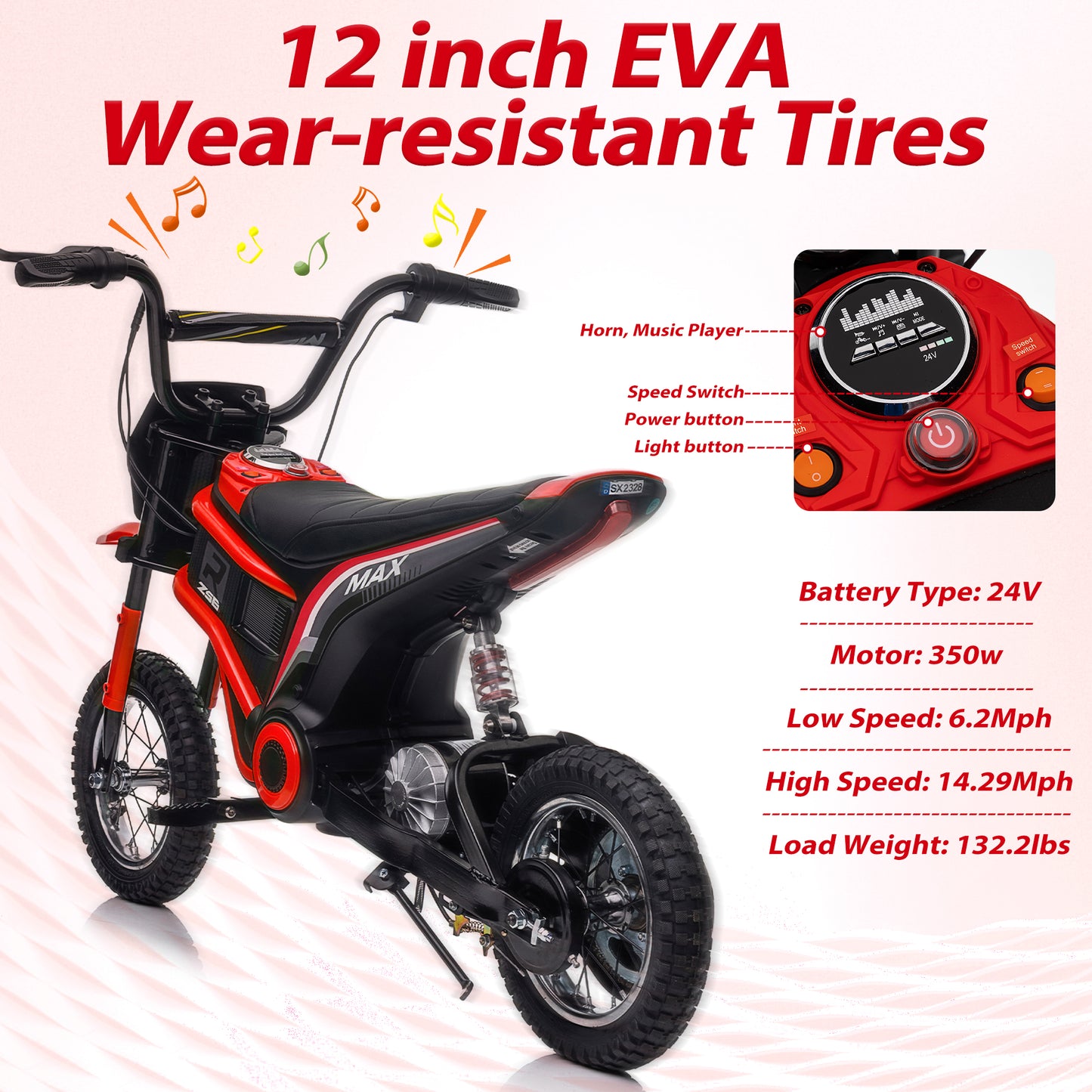 24V Electric Dirt Bike for Kids, 350W Electric Ride on Motorcycle Toy with Speed up to 14.29MPH, Kids Motorized Dirt Bike with Hand Operated Brake for Boys Girls 8-14 Years Old, Music Player