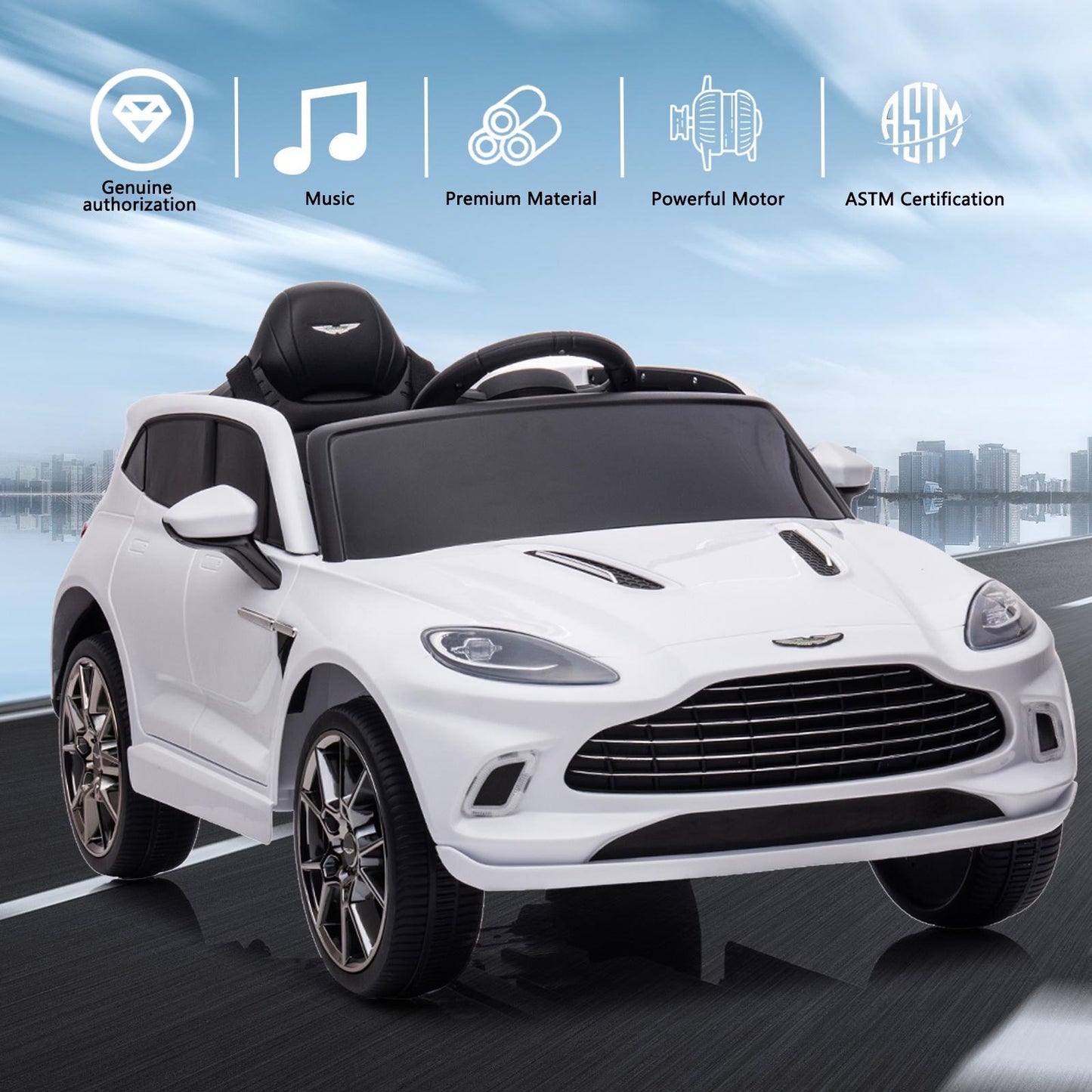 Aston Martin 12V Powered Ride On Cars with Remote Control, 4 Wheels Kids Electric Cars Vehicle with Bluetooth, LED Light, Music, USB/FM Radio, Kids Ride on Toys for Boys Girls Birthday Gifts, White