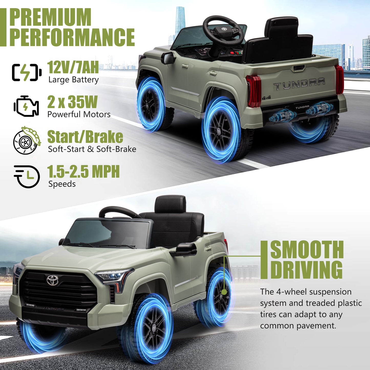 Toyota Tundra Pickup 12V 7A Ride On Cars for Kids, Ride On Toys with Remote Control, Battery Powered Kids Electric Vehicles with Bluetooth Music, USB, Electric Cars for Kids Boys Girls Gifts, Green