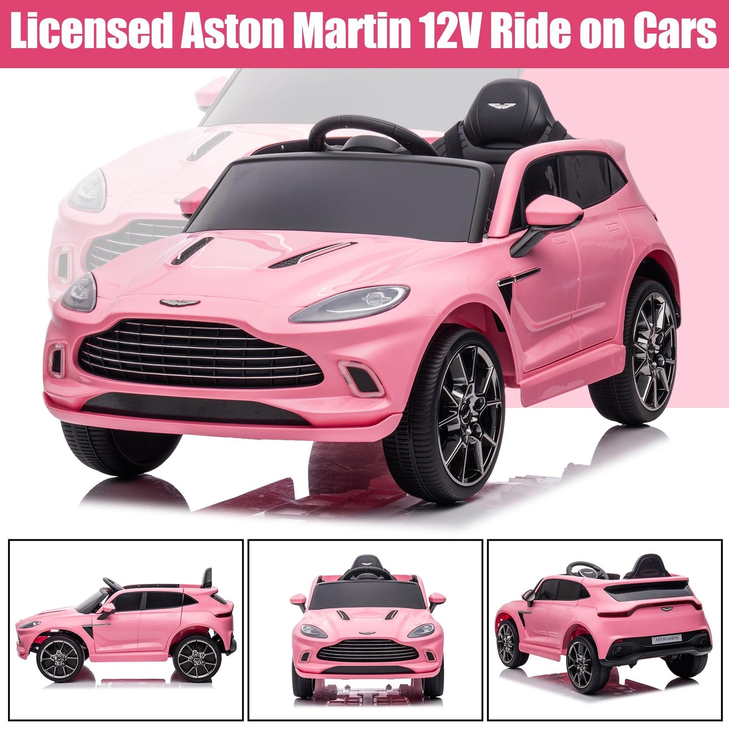 Aston Martin 12V Powered Ride On Cars with Remote Control, 4 Wheels Kids Electric Cars Vehicle with Bluetooth, LED Light, Music, USB/FM Radio, Kids Ride on Toys for Boys Girls Birthday Gifts, Pink