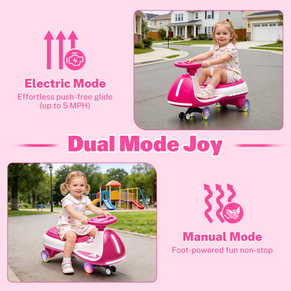 12V Electric Wiggle Car for Kids, Toddlers Ride on Toys with Pedal, Display, Flashing PU Wheels, LED Light, Bluetooth Music, Max Speed 5 MPH, Kids Ride on Cars for Boys Girls 3+, Rose Red