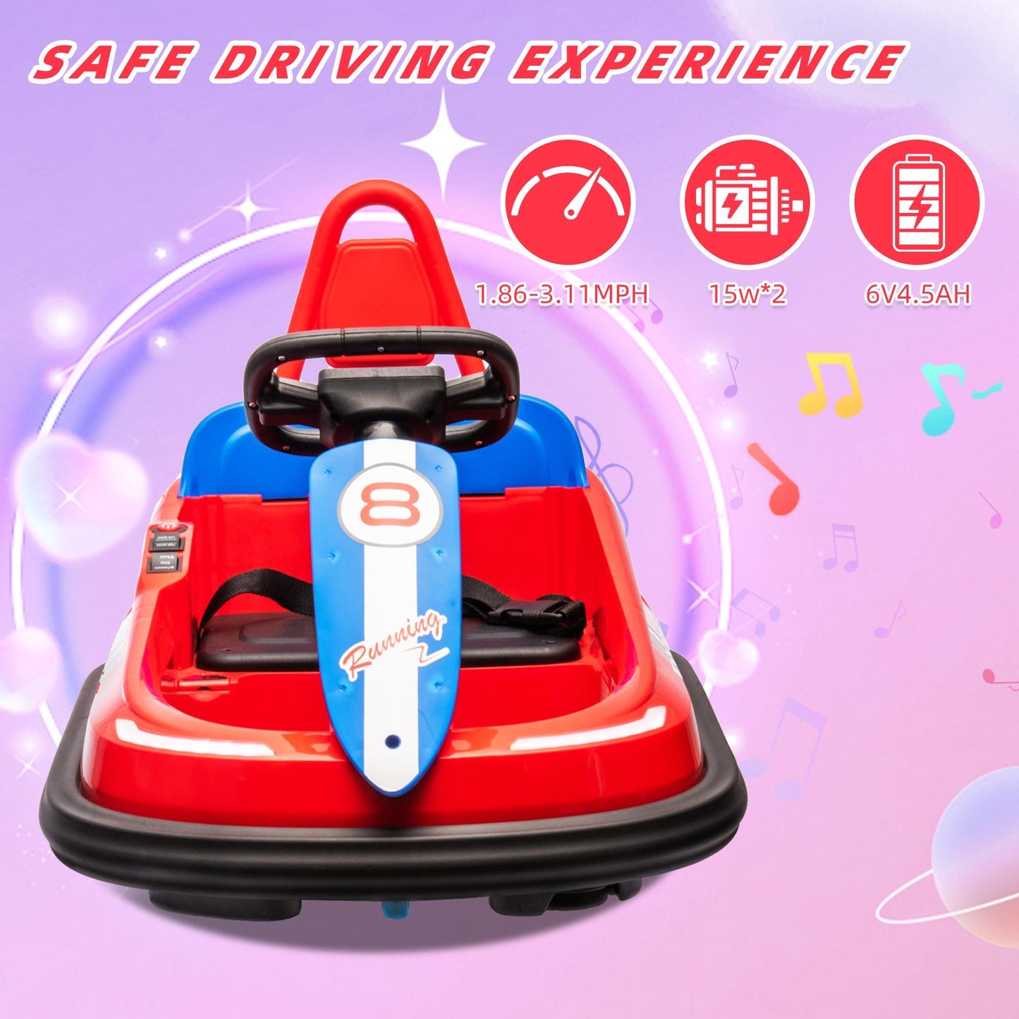 iYofe 6V Bumper Car Ride on with Remote Control, Bumper Cars for Kids Toddlers Boys Girls 2-6 Years Old Gifts, Battery Powered Ride on Toys with Bluetooth, Player, 360¡ãSpin, LED Light, 3 Speed, Red