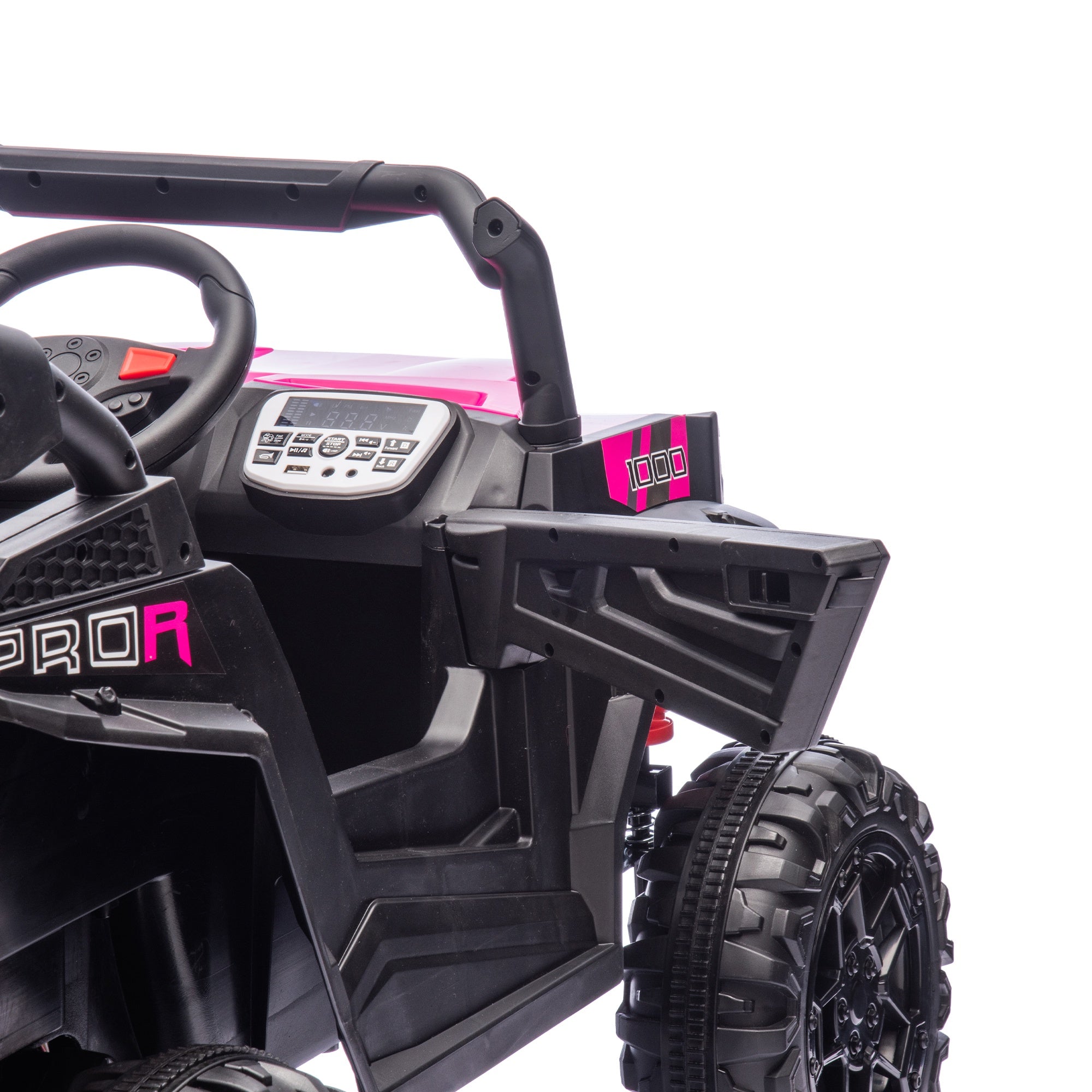 24V Powered Ride on UTV, iYofe Electric Ride on Cars with Remote Control, Bluetooth, Music, LED Lights, Portable Handle, 4 Wheels Suspension, Kids Ride on Toys for Boys Girls Ages 3-6, Pink