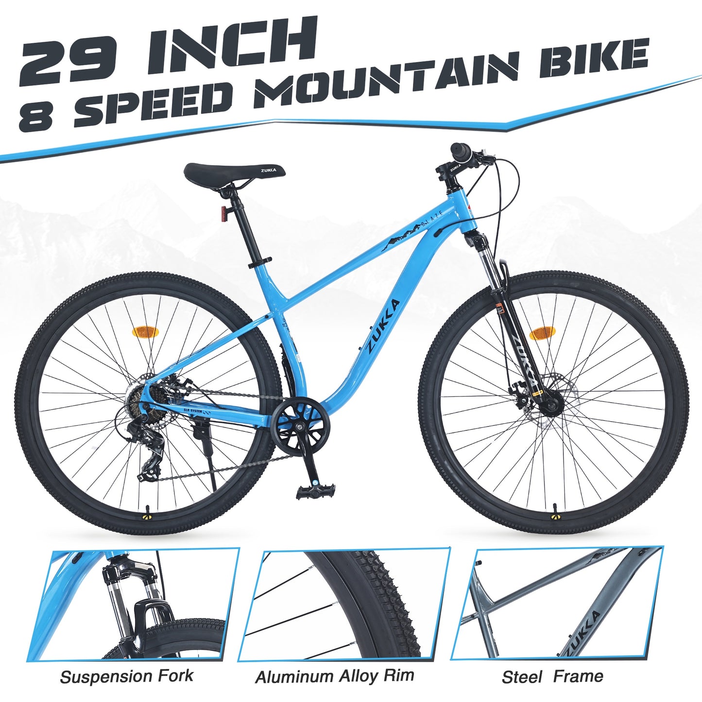 29 inch Bike for Adults, 8 Speed Mountain Bike w/Disc Brakes, Commuter Bike, Trail Bike, City Bike for Men Women, Steel Frame, Suit for 5'4"-6'2", 85% assembled