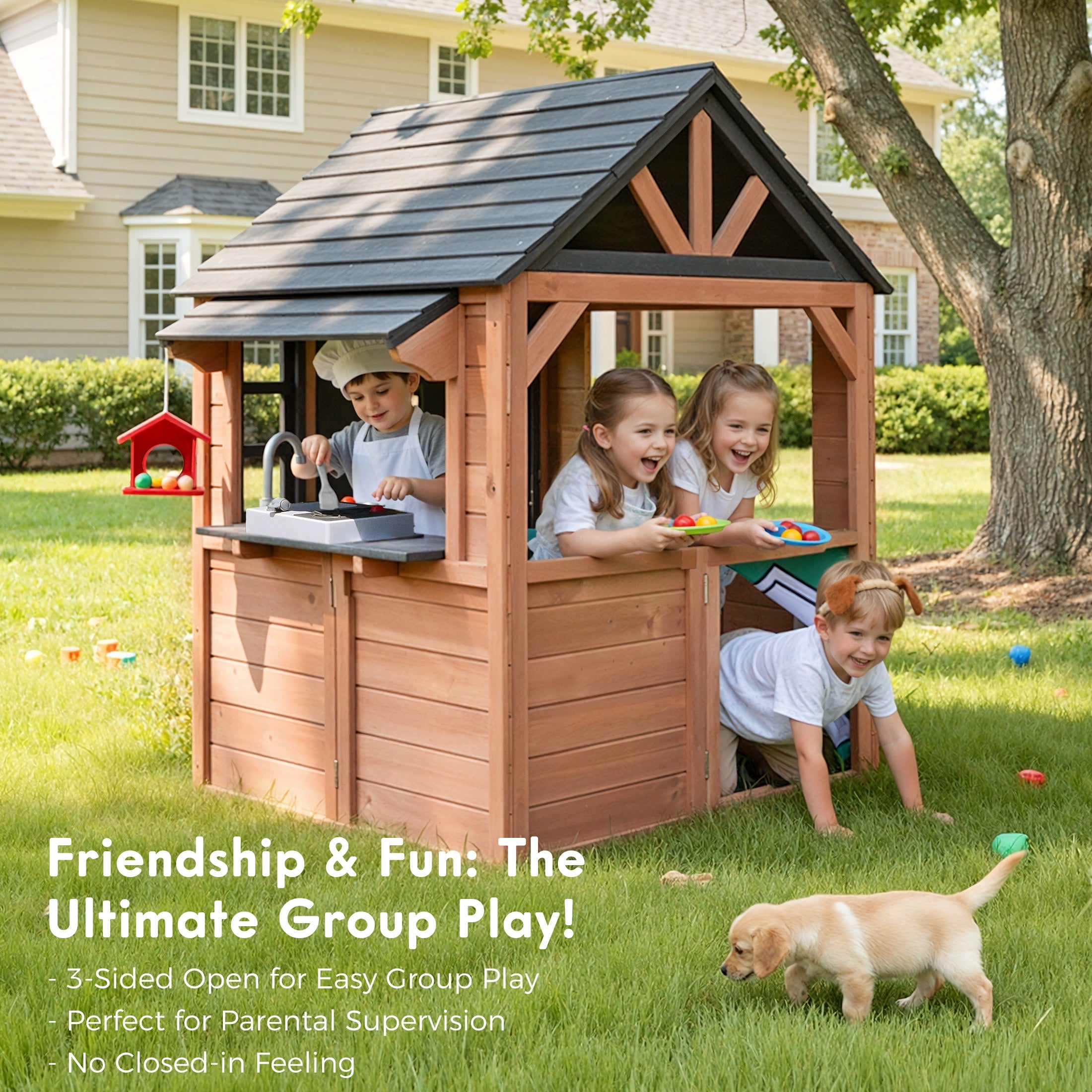 iYofe Outdoor Playhouse, Wooden Kids Playhouse with Play Kitchen, Working Doorbell, Bird Cage, Pet Door, Outdoor Kids Play Equipment Gift for Ages 2+, Brown