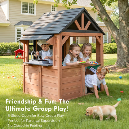 iYofe Outdoor Playhouse, Wooden Kids Playhouse with Play Kitchen, Working Doorbell, Bird Cage, Pet Door, Outdoor Kids Play Equipment Gift for Ages 2+, Brown
