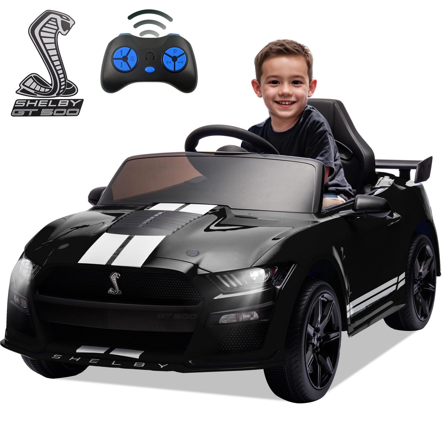 Ford Mustang Shelby 12V Ride On Car with Remote Control, Electric Car for Kids Toddler Electric Vehicle with Bluetooth, Radio, Music, USB Port, LED Lights, Battery Powered Ride on Toys for Kids, Black