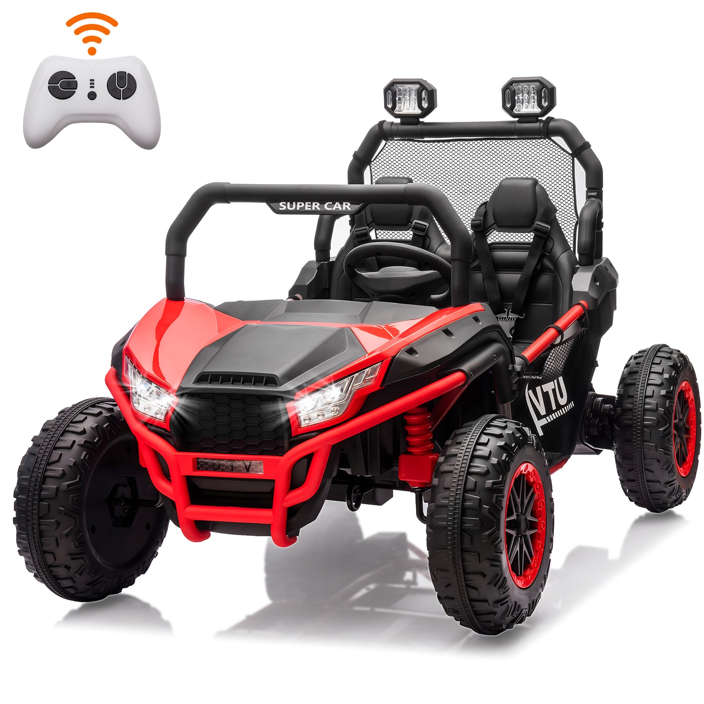 24V 2 Seater Ride on UTV for Kids, Battery Powered Ride on Toy Car with Remote Control, Electric Car for Boys Girls 3-5 w/Music, Bluetooth, Back Storage Trunk, 4 Spring Shock, Safety Belts