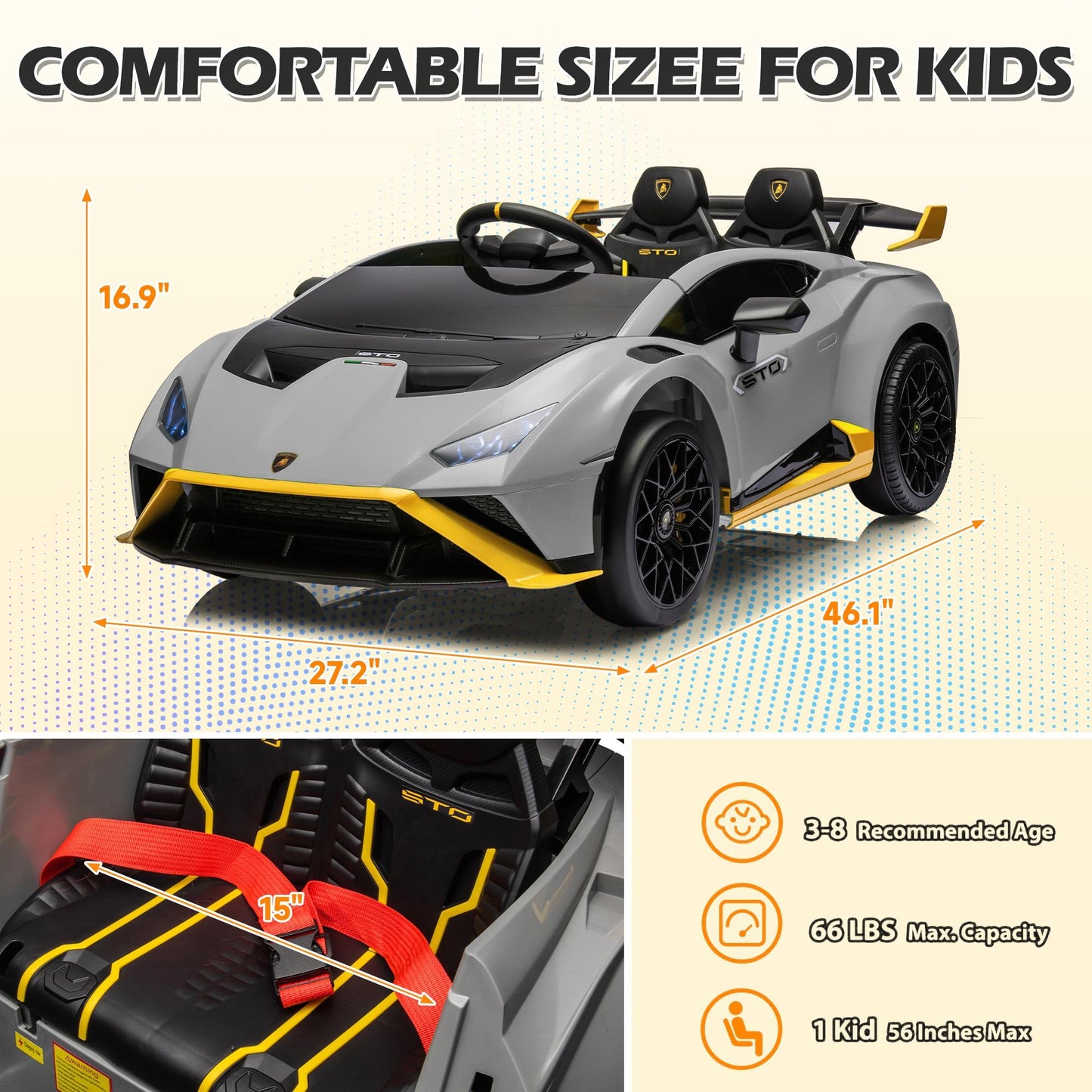 Gray 24V Lamborghini Ride on Cars with Remote Control, Battery Powered Kids Ride on Toys for Boys Girls 3-8 Ages, 4 Wheels Electric Cars for Kids with Bluetooth/Music/USB Port/LED Lights