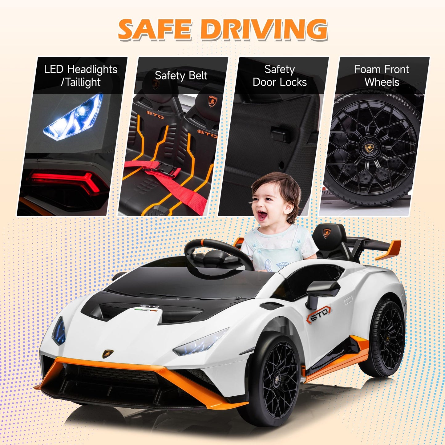 White 24V Lamborghini Ride on Cars with Remote Control, Battery Powered Kids Ride on Toys for Boys Girls 3-8 Ages, 4 Wheels Electric Cars for Kids with Bluetooth/Music/USB Port/LED Lights