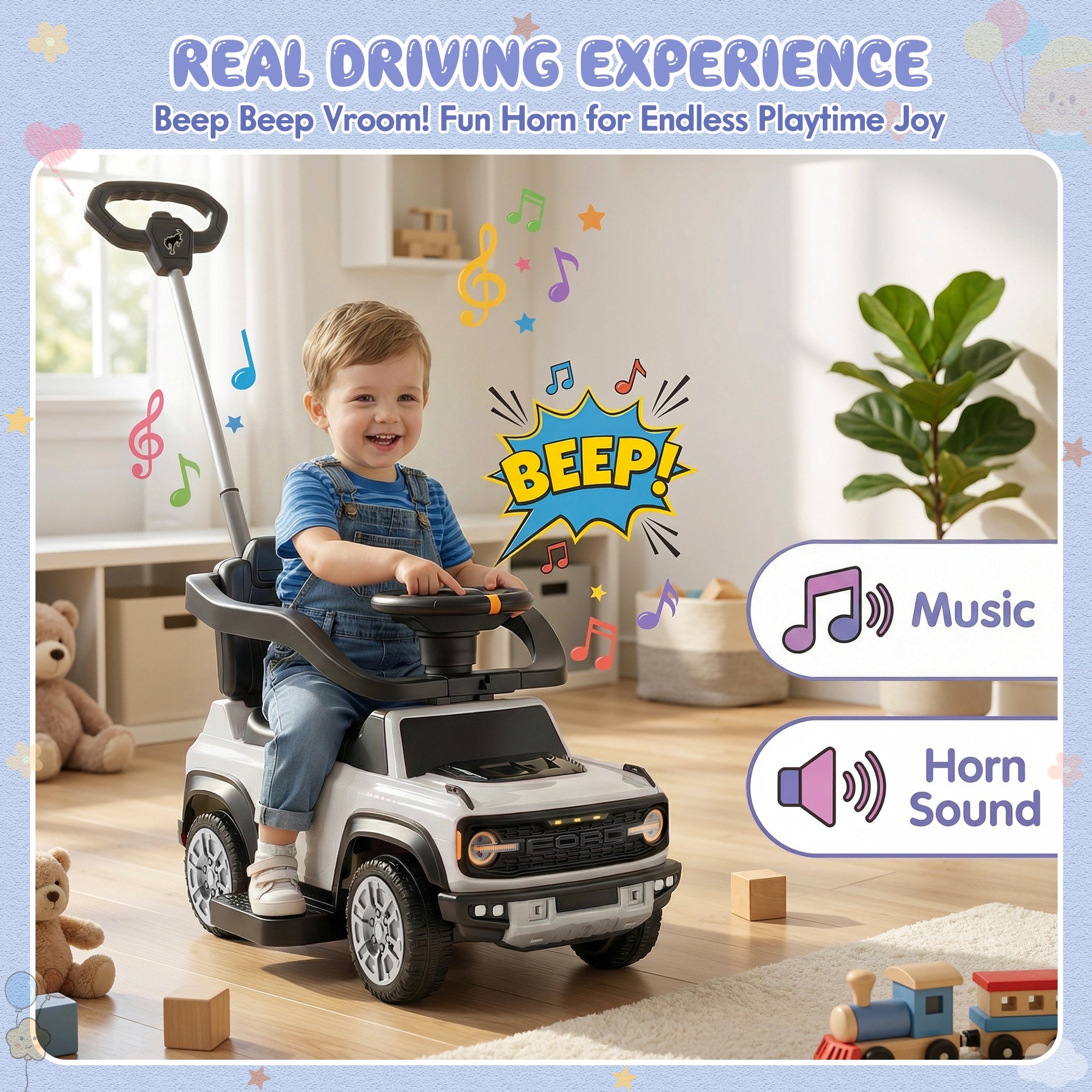iYofe Kids Ride on Push Car, Licensed Ford Bronco Raptor Toddlers Ride on Toys with Horn, Music, Handle, Under Seat Storage, Kids Push Car for Toddlers 18 Months +, White
