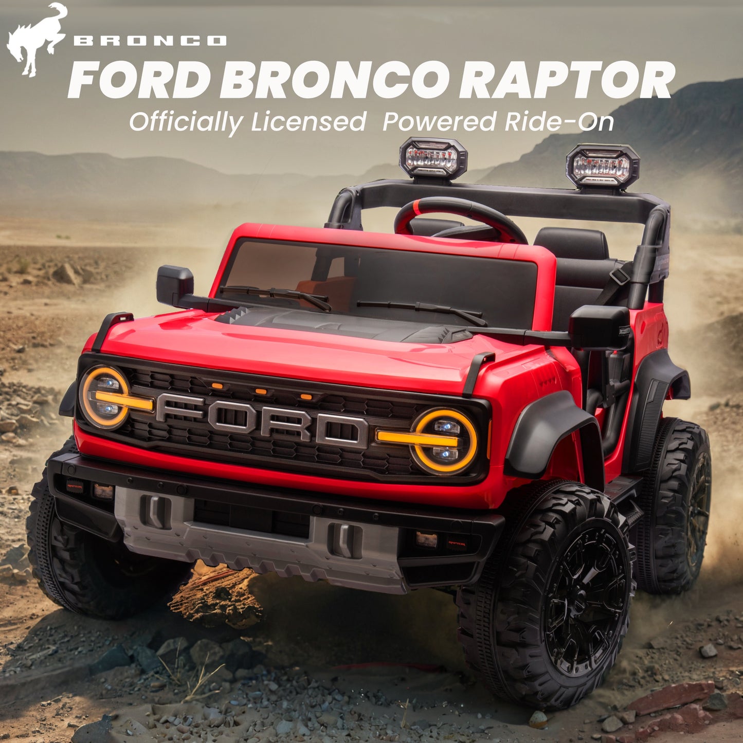 24V 2 Seater Ride on Cars, Licensed Ford Bronco Raptor Powered Ride on Toy Truck with Remote Control, Electric Car for Kids 3-8 Gifts with Bluetooth/LED Light/Spring Suspension, 4 Wheelers, Red