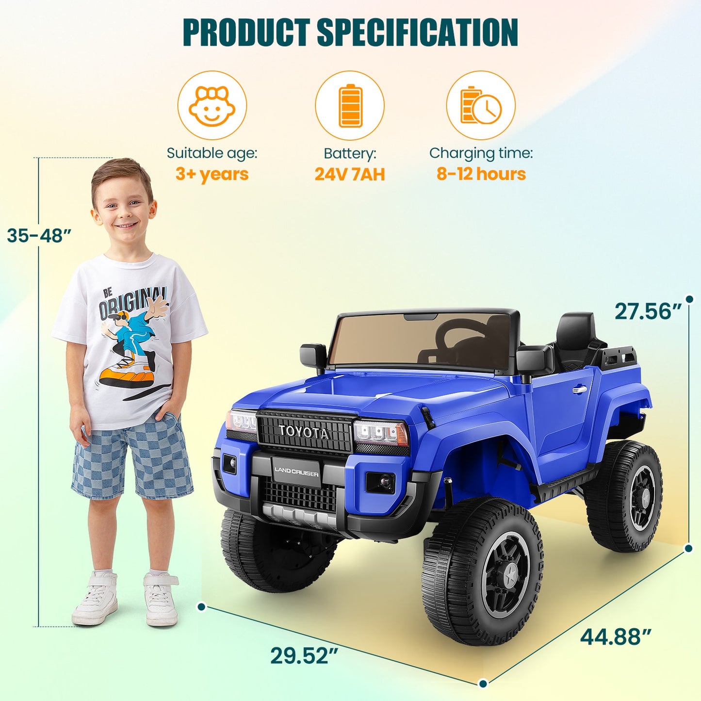 24V 2 Seater Ride on Cars, Licensed Toyota LC250 Powered Ride on Toy Truck with Remote Control, Kids Cars Electric Vehicles for Kids 3-8 Gifts with Bluetooth/Music/USB Ports/Shovel, 4 Wheelers, Blue