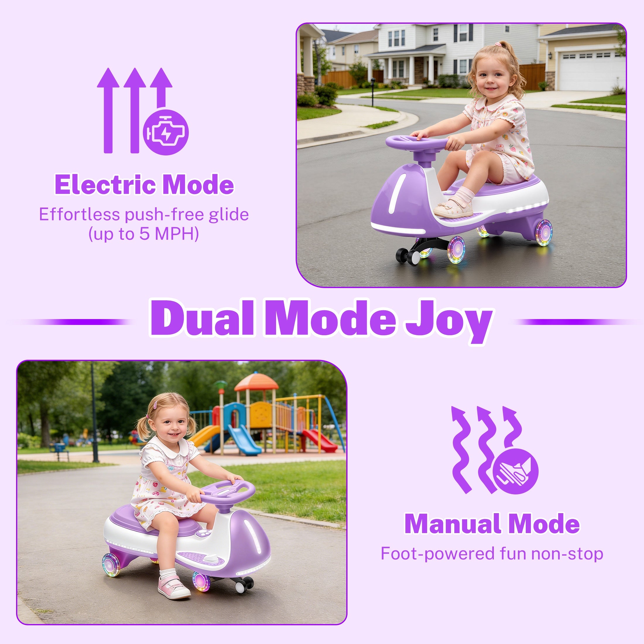 12V Electric Wiggle Car for Kids, Toddlers Ride on Toys with Pedal, Display, Flashing PU Wheels, LED Light, Bluetooth Music, Max Speed 5 MPH, Kids Ride on Cars for Boys Girls 3+, Purple