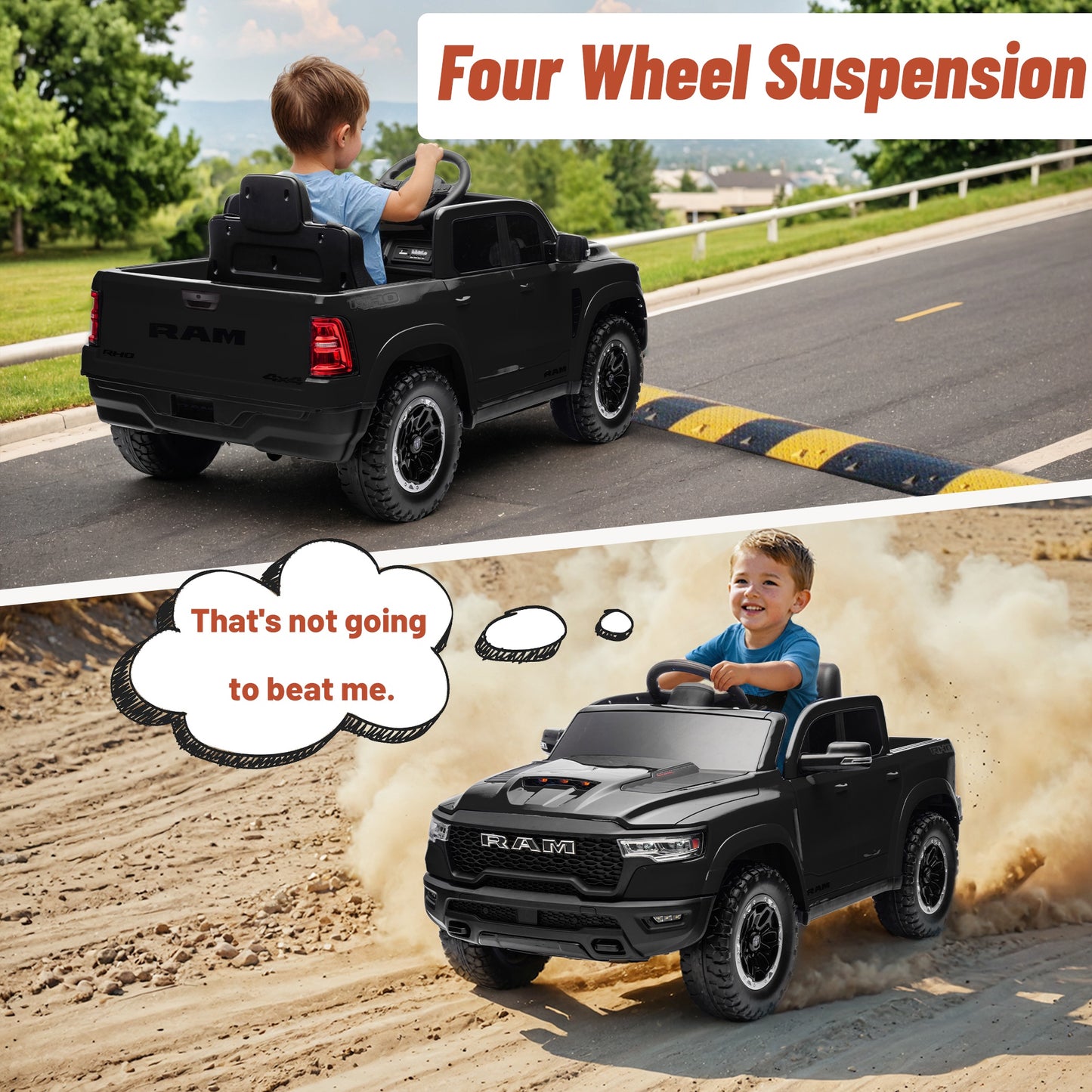 Ram Ride on Car Toys, 12V RAM 1500 Battery Powered Ride on Toy Truck with Remote Control, Electric Car for Kids Girls 3-5 w/ Bluetooth, Rear Storage Trunck, Safety Belt, 4 Wheelers, Black