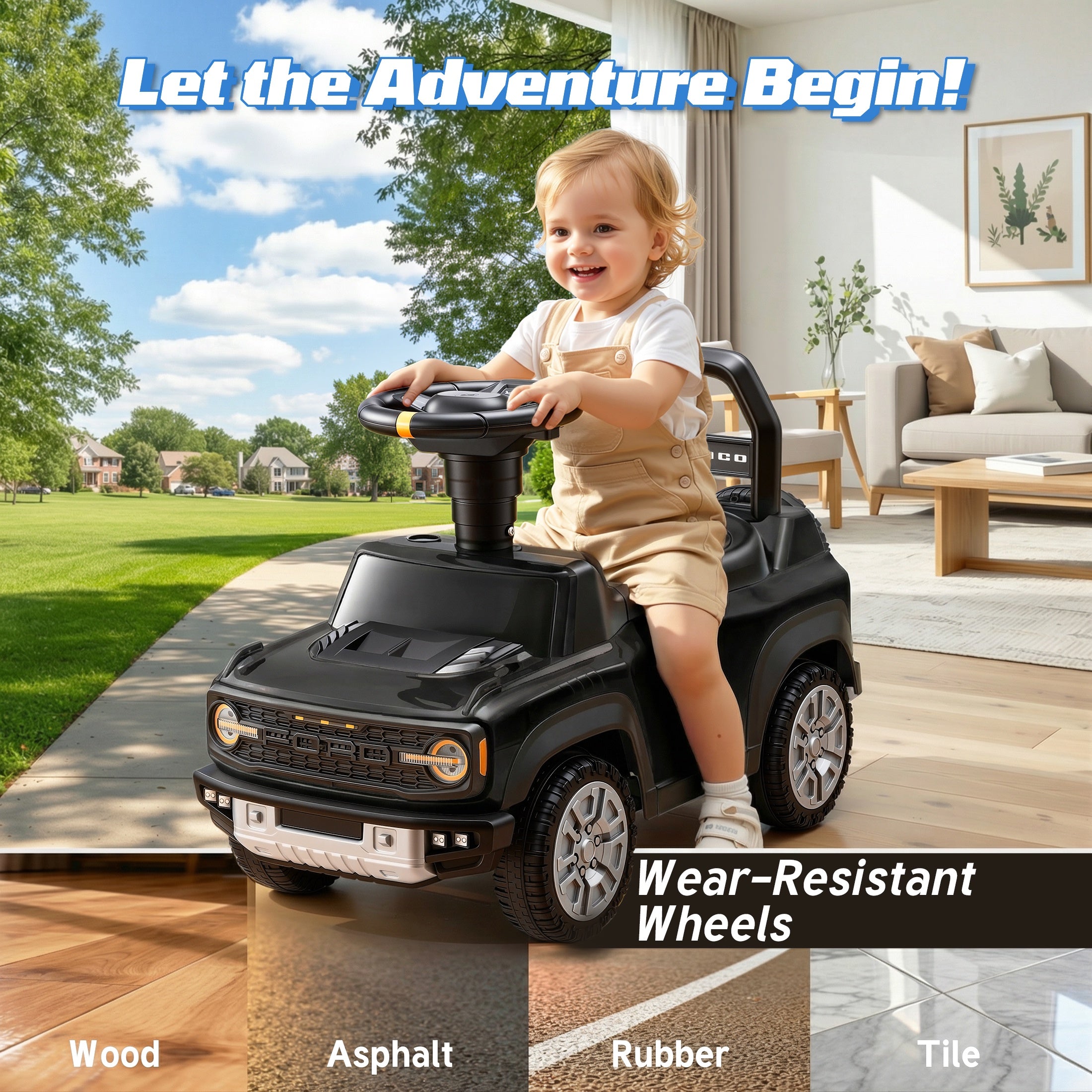 iYofe Kids Ride on Push Car 2 in 1, Ford Bronco Raptor Toddlers Ride on Push Toys with Horn, Music, Handle, Under Seat Storage, Ride on Toys for Toddlers 18 Months +, Black