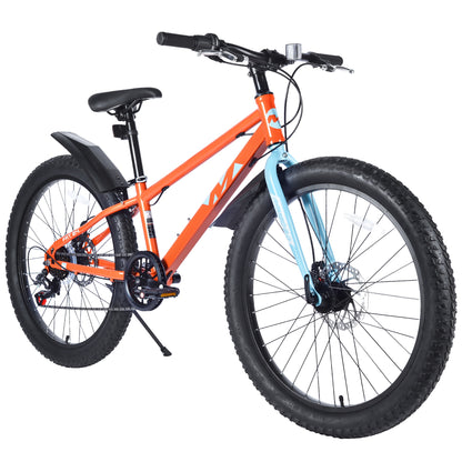 24" Mountain Bikes for Boys Girls, 7 Speed Fat Tire Mountain Bicycle w/ Disc Brakes, Bike for kids Youth Teen Adults, City Bikes Street Suit for Rider Height 56"-66" Ages 10+, 85% assembled (Orange)