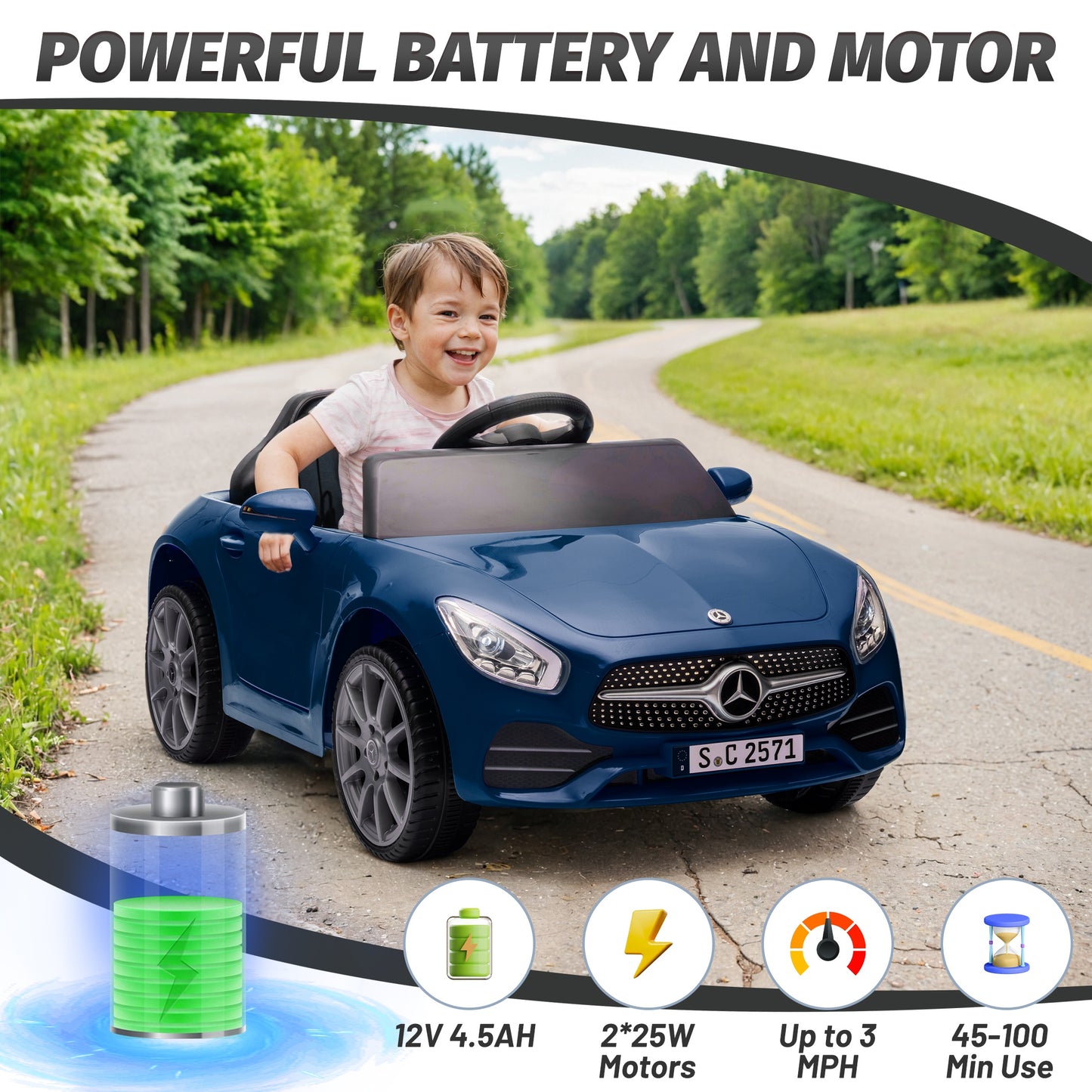 12V Ride on Toy for Kids, Licensed Mercedes-Benz CLS 350 Powered Ride on Car with Remote Control, Kids Electric Cars for Boys Girls 2-5 with Bluetooth, Music, LED Lights, 3 Speeds, 4 Wheelers, Blue