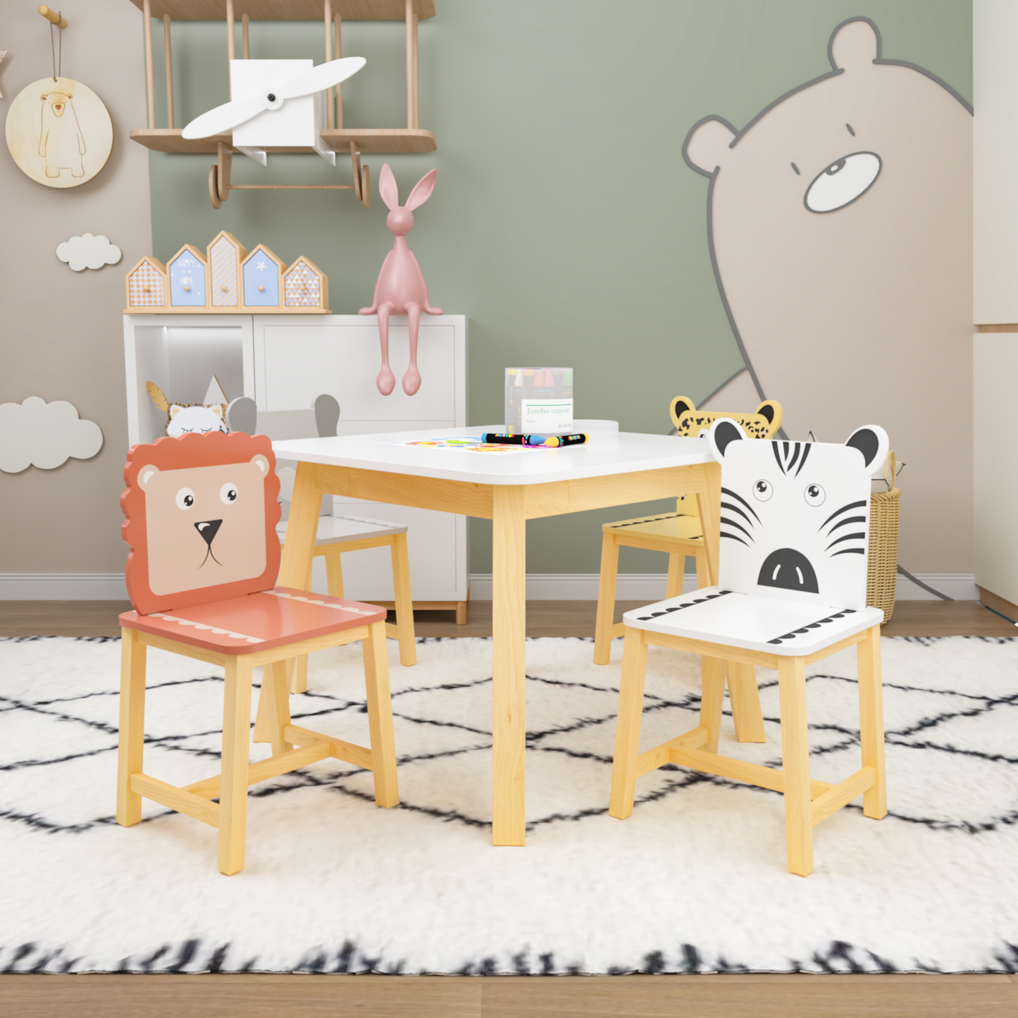 3/5 Piece Kids Table and Chairs Set, Cartoon Wooden Table with 2 Chairs Set for Toddler Children