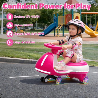 12V Electric Wiggle Car for Kids, Toddlers Ride on Toys with Pedal, Display, Flashing PU Wheels, LED Light, Bluetooth Music, Max Speed 5 MPH, Kids Ride on Cars for Boys Girls 3+, Rose Red