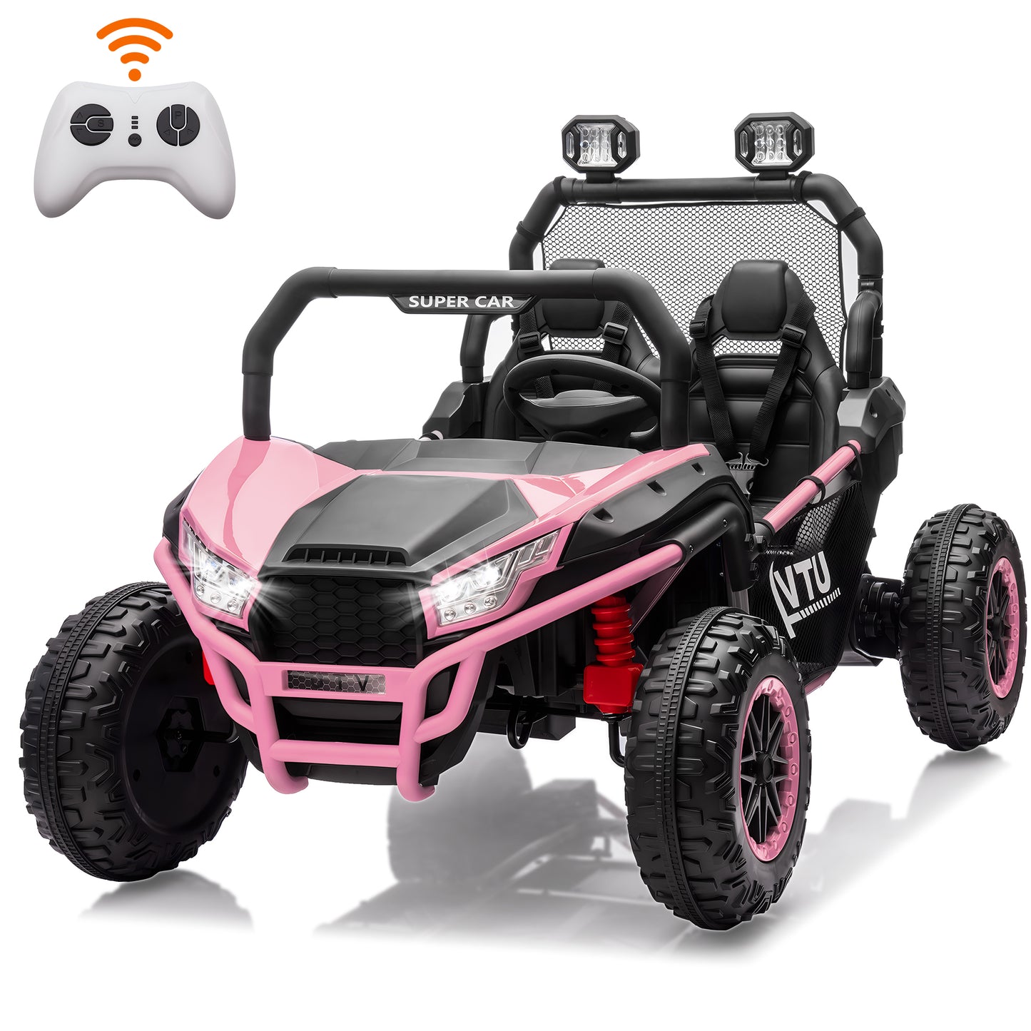 24V 2 Seater Ride on UTV for Kids, Battery Powered Ride on Toy Car with Remote Control, Electric Car for Boys Girls 3-5 w/Music, Bluetooth, Back Storage Trunk, 4 Spring Shock, Safety Belts