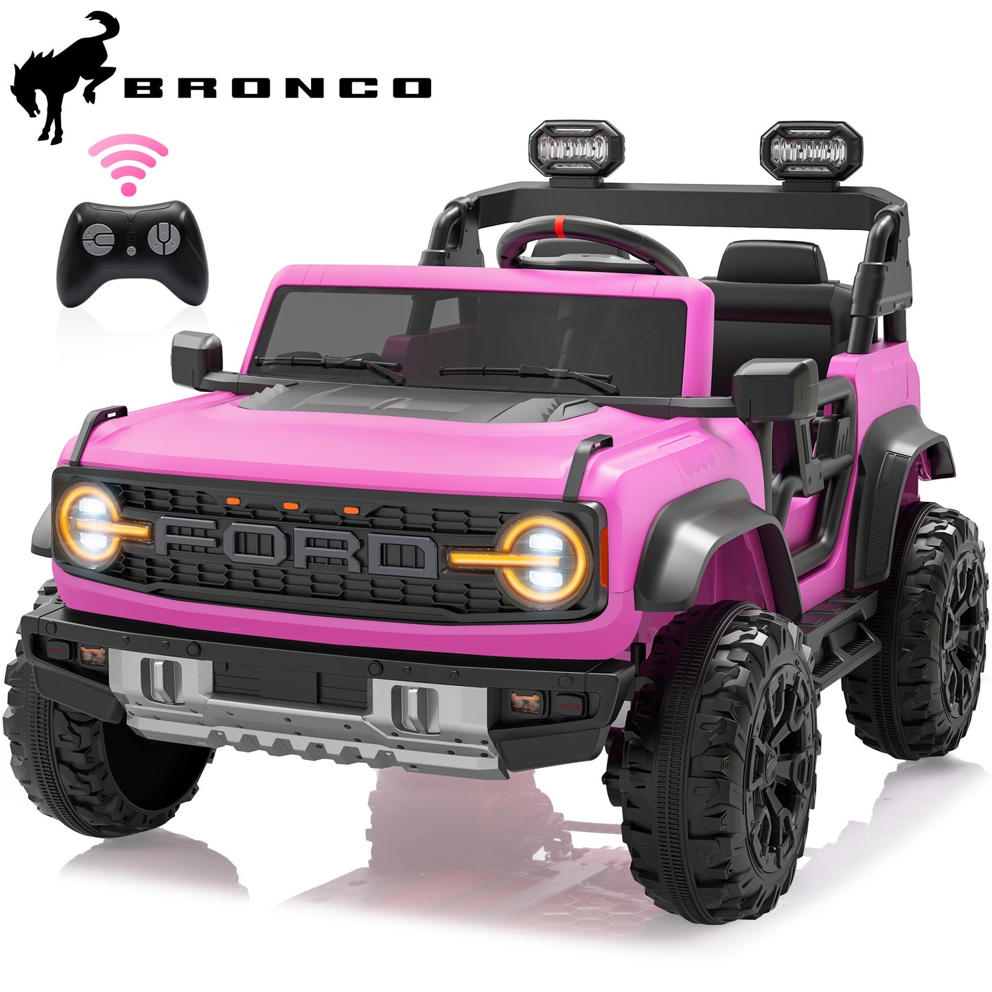 24V 2 Seater Ride on Cars, Licensed Ford Bronco Raptor Powered Ride on Toy Truck with Remote Control, Electric Car for Kids 3-8 Gifts with Bluetooth/LED Light/Spring Suspension, 4 Wheelers, Pink