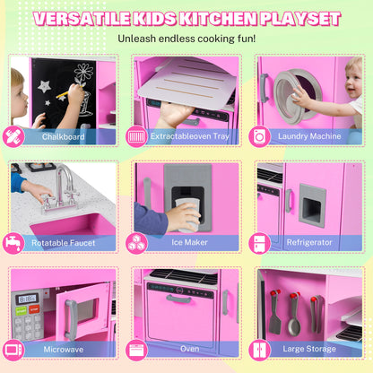 iYofe Play Kitchen for Kids, Wooden Kids Kitchen Playset Island Pretend Play Toys with Real Lights & Sounds, Chalkboard, Educational Kitchen Toy Birthday Christmas Gifts for Kids Toddlers, Pink