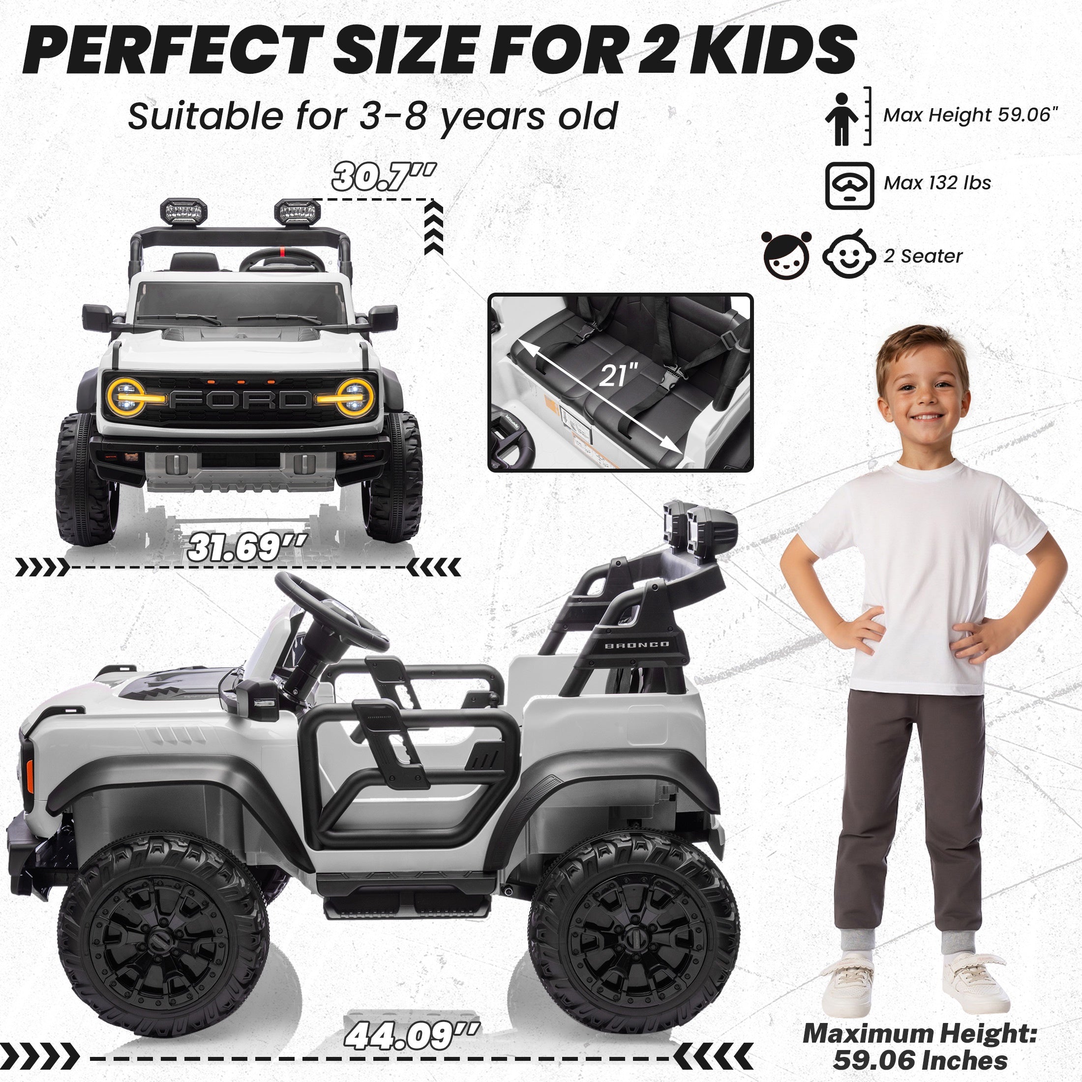 iYofe 24V 2 Seater Ford Bronco Raptor Powered Ride on Car with Remote Control, Bluetooth, Ages 3-8, White