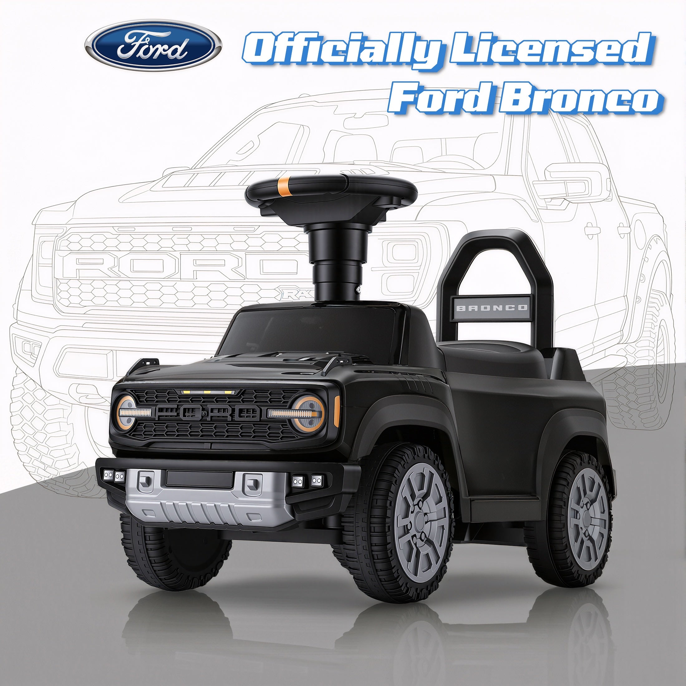 iYofe Kids Ride on Push Car 2 in 1, Ford Bronco Raptor Toddlers Ride on Push Toys with Horn, Music, Handle, Under Seat Storage, Ride on Toys for Toddlers 18 Months +, Black