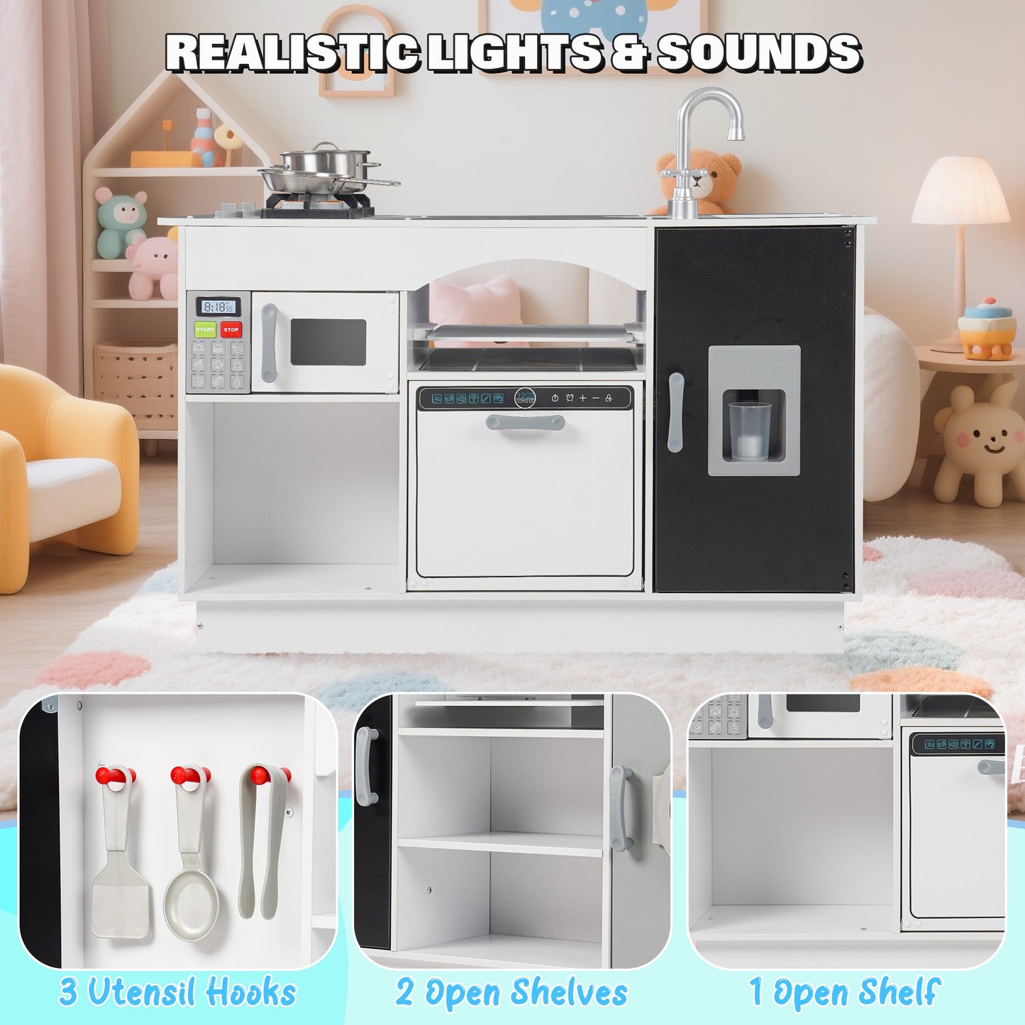 iYofe Island Play Kitchen for Kids, Wooden Kids Play Kitchen Playset Chef Pretend Play Set for Toddlers with Real Lights & Sounds, 7 Accessories, Toy Kitchen Set or Girls Boys Gift for Ages 3+, White