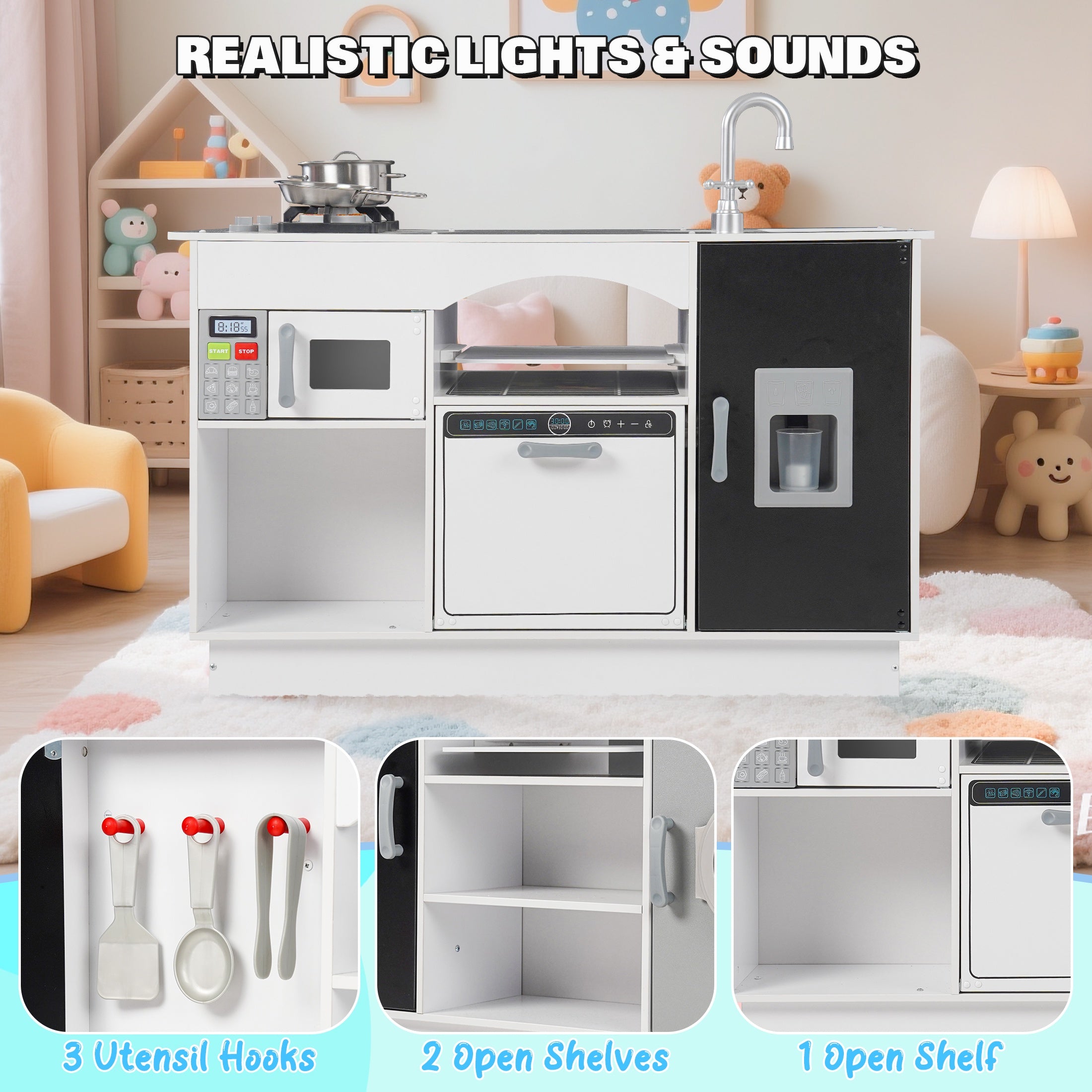 iYofe Island Play Kitchen for Kids, Wooden Kids Play Kitchen Playset Chef Pretend Play Set for Toddlers with Real Lights & Sounds, 7 Accessories, Toy Kitchen Set or Girls Boys Gift for Ages 3+, White