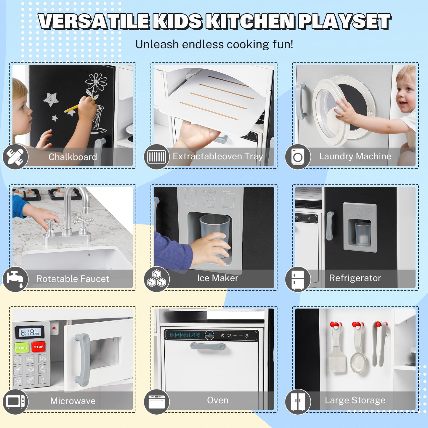 iYofe Island Play Kitchen for Kids, Wooden Kids Play Kitchen Playset Chef Pretend Play Set for Toddlers with Real Lights & Sounds, 7 Accessories, Toy Kitchen Set or Girls Boys Gift for Ages 3+, White