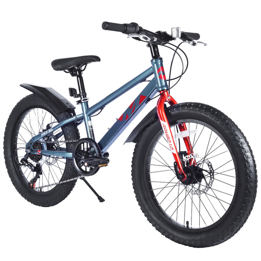 20 inch Kids Mountain Bikes for Boys Girls, 7 Speed Fat Tire Mountain Bicycle w/ Disc Brakes, Bike for kids Ages 5-12 Years Old, City Bikes Street Suit for Rider Height 44"-56", 85% assembled (Gray)
