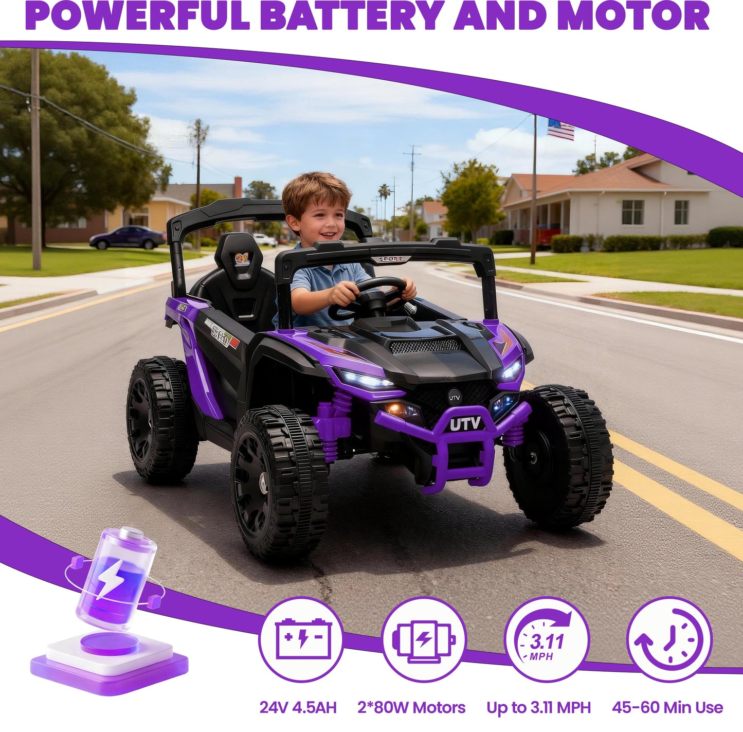 iYofe 24V Powered Ride on Toys with Remote Control, Kids Ride on Car UTV for Boys Girls Ages 3-5, Ride on Vehicles Electric Cars for Kids with Bluetooth, Music, LED Light, 4 Wheels Suspension, Purple