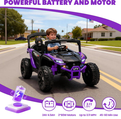 iYofe 24V Powered Ride on Toys with Remote Control, Kids Ride on Car UTV for Boys Girls Ages 3-5, Ride on Vehicles Electric Cars for Kids with Bluetooth, Music, LED Light, 4 Wheels Suspension, Purple