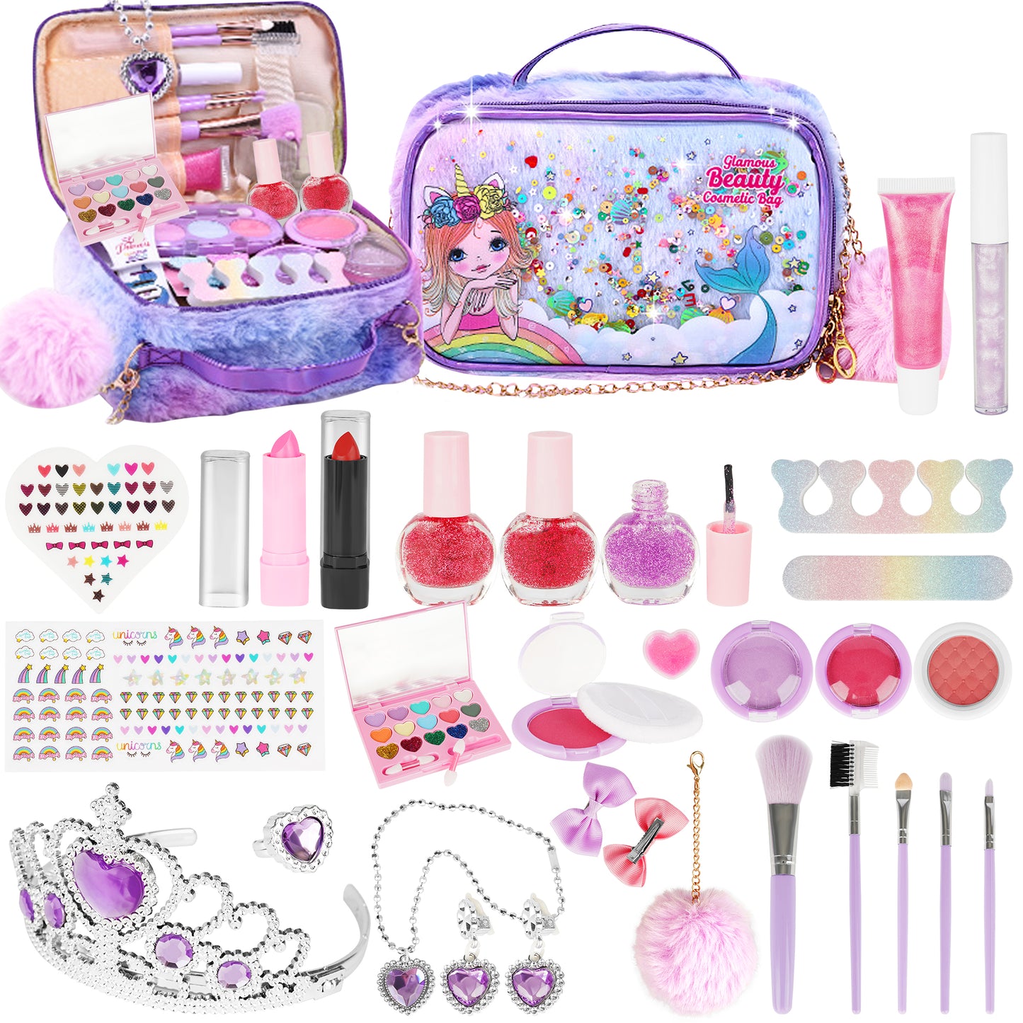 Kids Makeup Set for Girl, iRerts 31Pcs Girls Real Washable Makeup Kit with Crown, Little Girls Princess Play Make Up Birthday Gift Toys for Toddler Kid Girls Children Age 3 4 5 6 7 8 9 Year Old