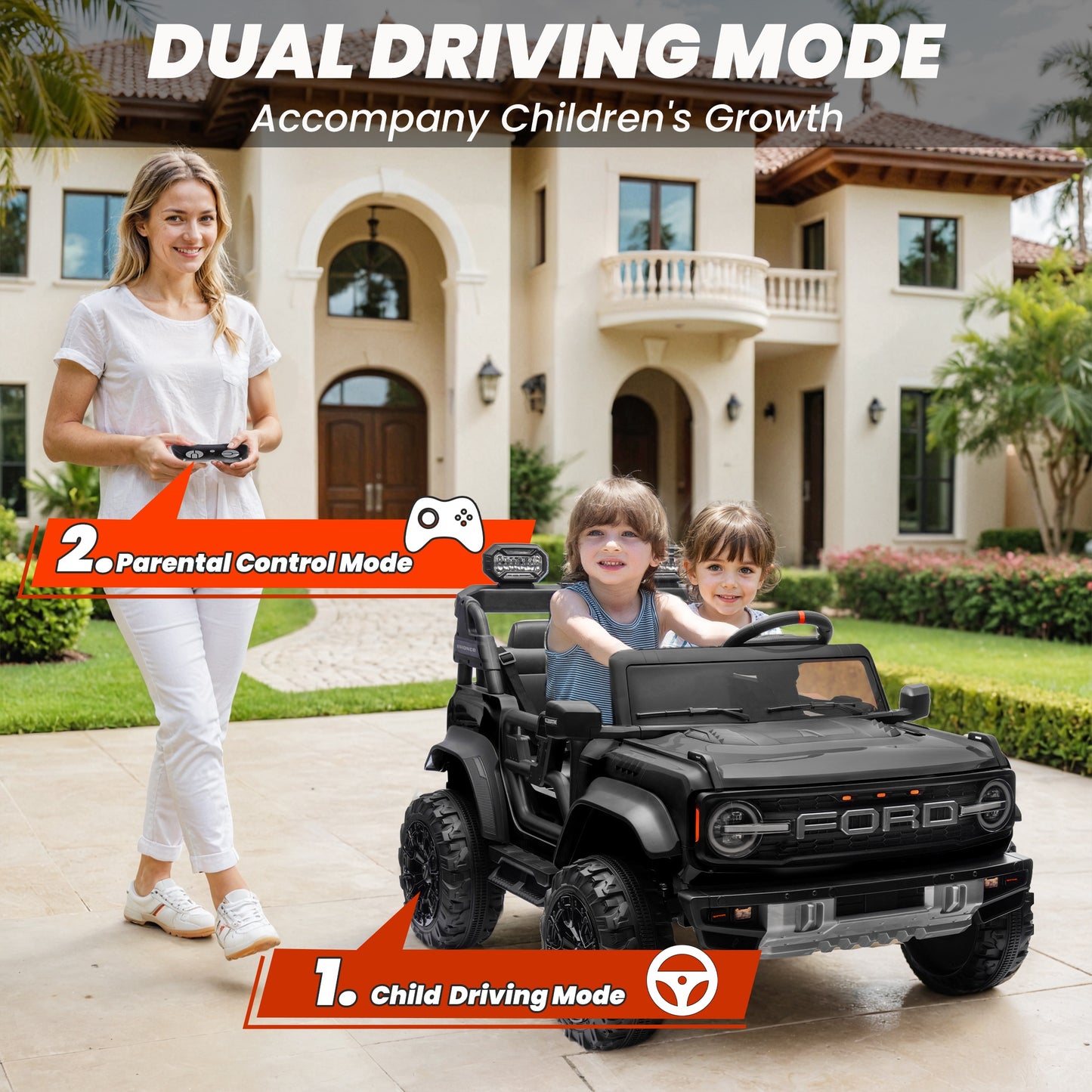 24V 2 Seater Ride on Cars, Licensed Ford Bronco Raptor Powered Ride on Toy Truck with Remote Control, Electric Car for Kids 3-8 Gifts with Bluetooth/LED Light/Spring Suspension, 4 Wheelers, Black