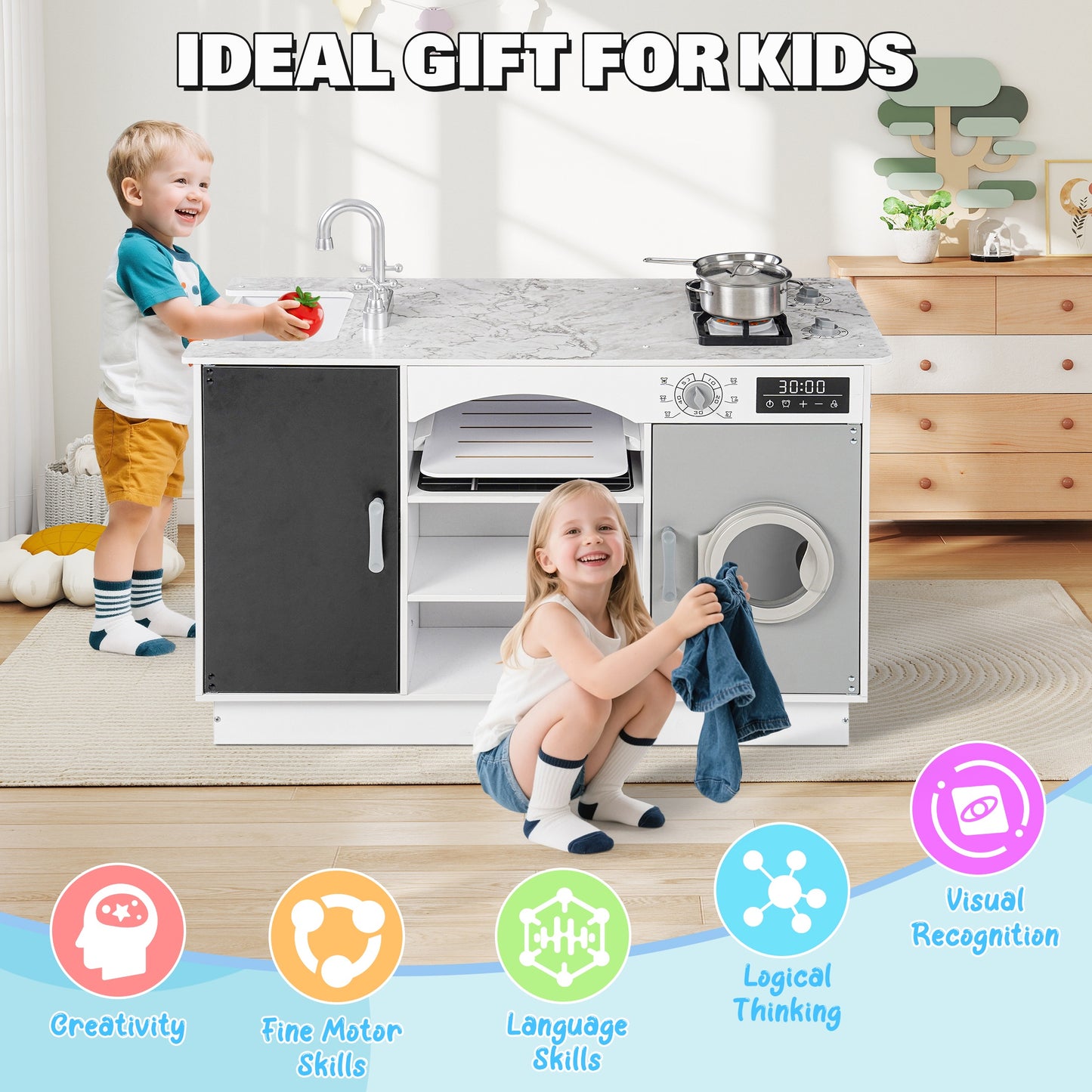 iYofe Island Play Kitchen for Kids, Wooden Kids Play Kitchen Playset Chef Pretend Play Set for Toddlers with Real Lights & Sounds, 7 Accessories, Toy Kitchen Set or Girls Boys Gift for Ages 3+, White