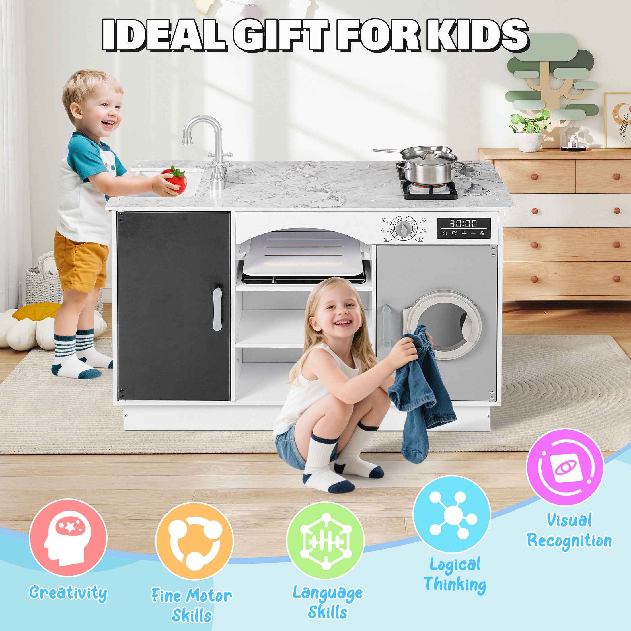 iYofe Island Play Kitchen for Kids, Wooden Kids Play Kitchen Playset Chef Pretend Play Set for Toddlers with Real Lights & Sounds, 7 Accessories, Toy Kitchen Set or Girls Boys Gift for Ages 3+, White