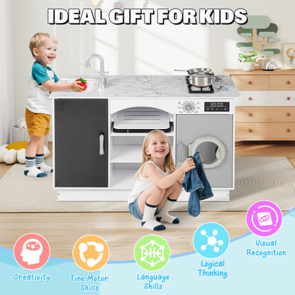 iYofe Island Play Kitchen for Kids, Wooden Kids Play Kitchen Playset Chef Pretend Play Set for Toddlers with Real Lights & Sounds, 7 Accessories, Toy Kitchen Set or Girls Boys Gift for Ages 3+, White