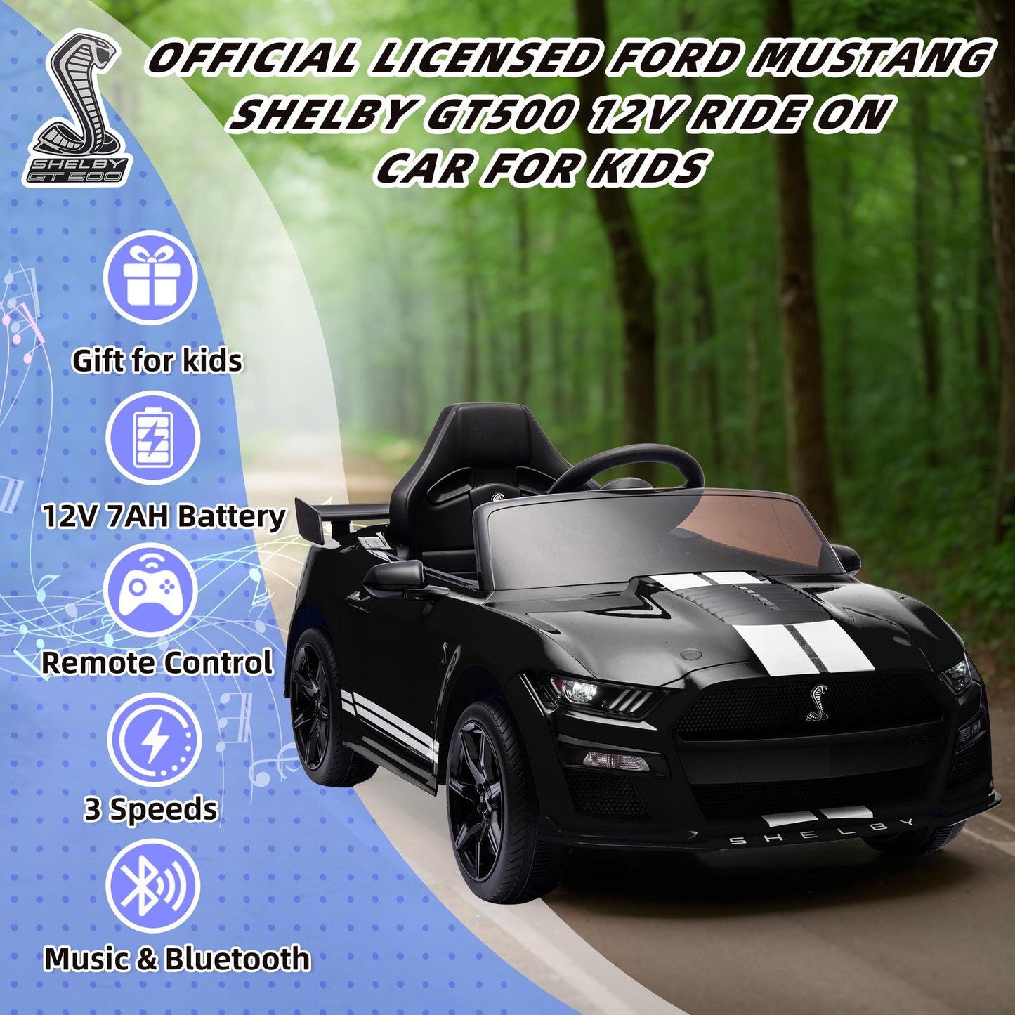 Ford Mustang Shelby 12V Ride On Car with Remote Control, Electric Car for Kids Toddler Electric Vehicle with Bluetooth, Radio, Music, USB Port, LED Lights, Battery Powered Ride on Toys for Kids, Black