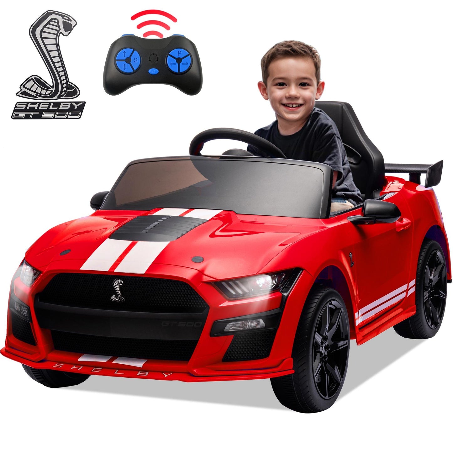 Ford Mustang Shelby 12V Ride On Car with Remote Control, Electric Car for Kids Toddler Electric Vehicle with Bluetooth, Radio, Music, USB Port, LED Lights, Battery Powered Ride on Toys for Kids, Red