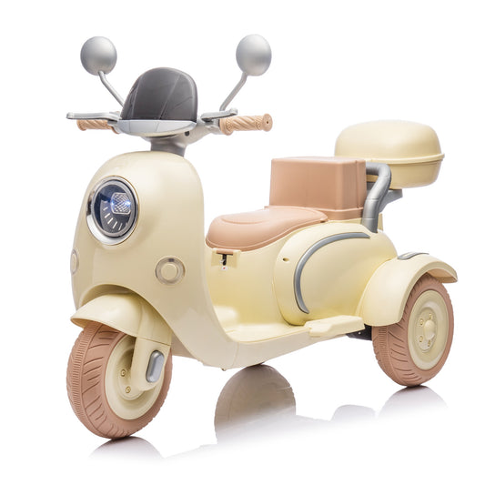 iYofe 2 Seater 12V Ride on Motorcycle for Kids, Battery Powered Ride on Toys 3 Wheels Kids Electric Motorcycle with Bluetooth, Music Player, Back Seat Flip Adult Seat, Storage Box, Beige