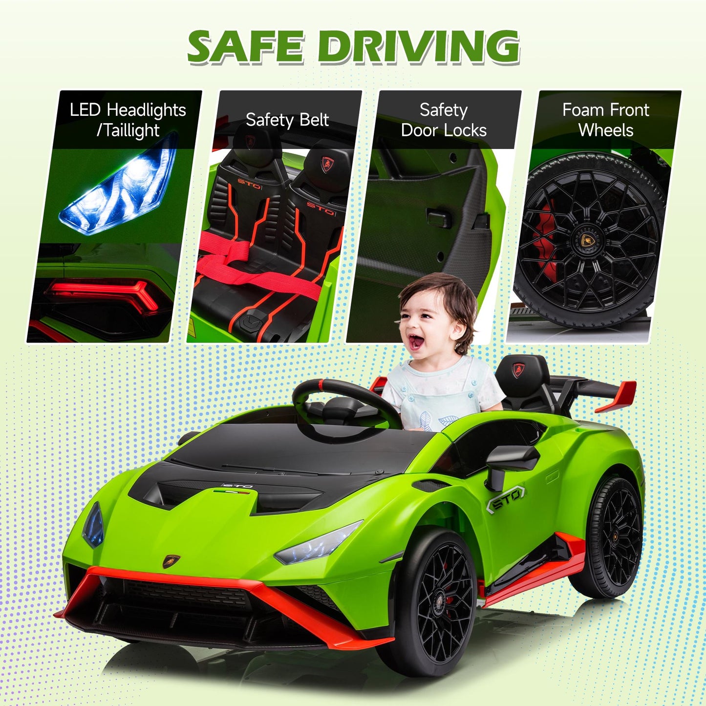 Green 24V Lamborghini Ride on Cars with Remote Control, Battery Powered Kids Ride on Toys for Boys Girls 3-8 Ages, 4 Wheels Electric Cars for Kids with Bluetooth/Music/USB Port/LED Lights