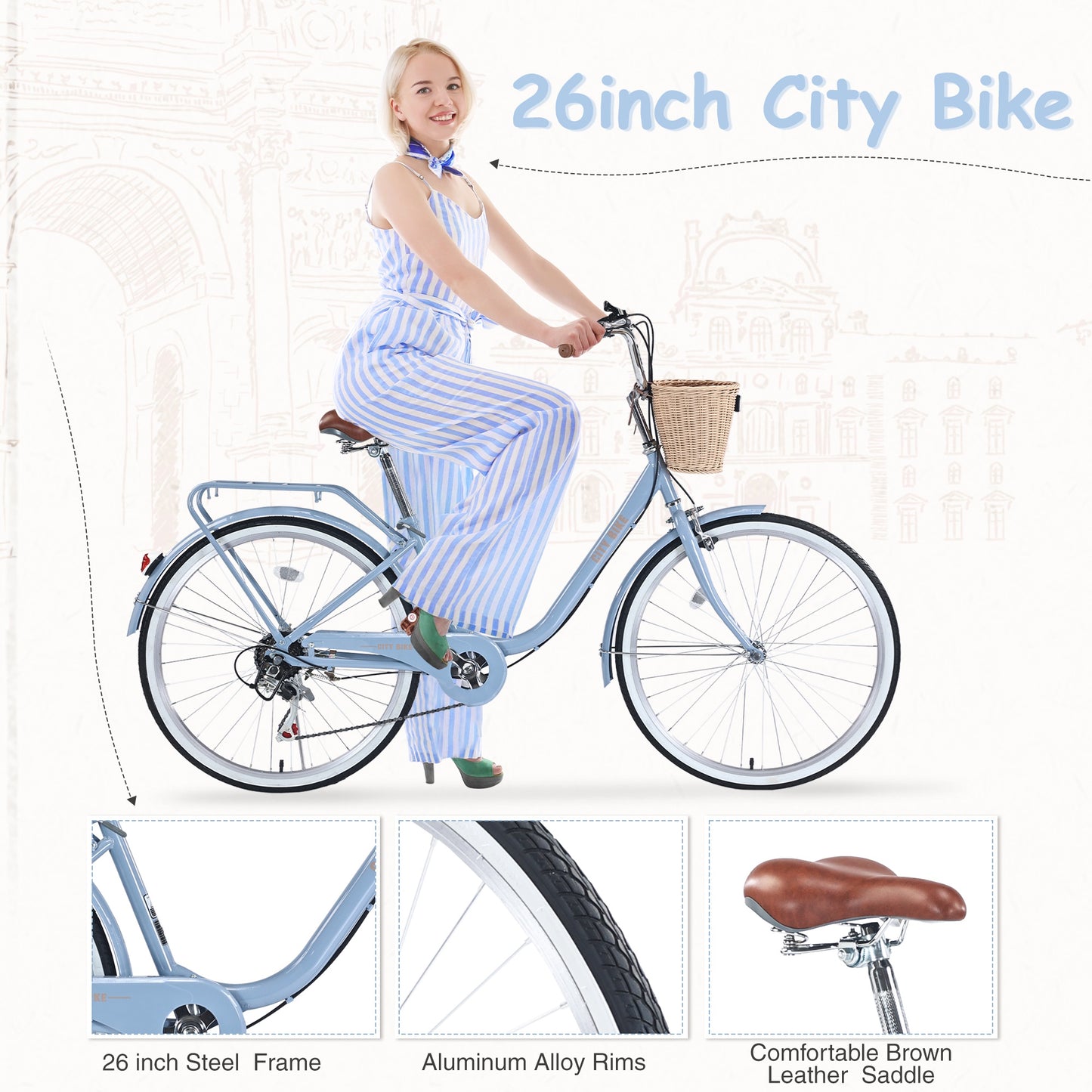 iYofe 26 inch Womens Bike, 7 Speed Hybrid Bike for Adult Teen w/ Basket and Backseat, Beach Cruiser Bike, City Comfort Commuter Bicycle for Ladies, V Brakes, 85% Assembled, Blue
