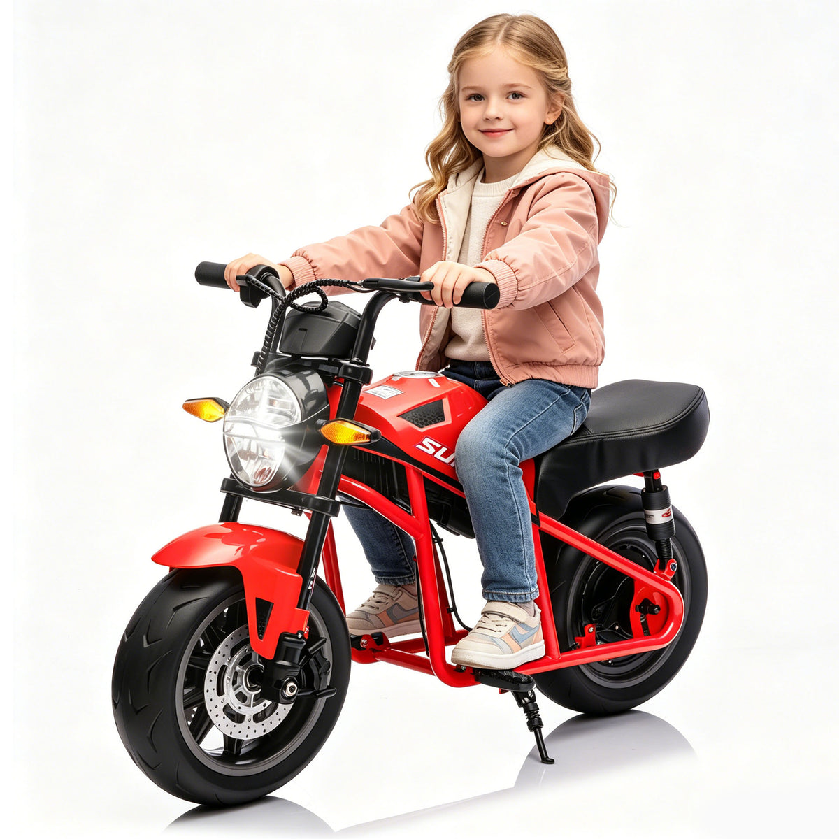 24V Electric Motorcycle for Kids 8-14, 300W Motor Ride on Toys for Big Kids 14” EVA Wheels, Non-Slip Twist Grip Throttle, Speed up to 11.18MPH, Dual Suspension, Music&Light, Pink